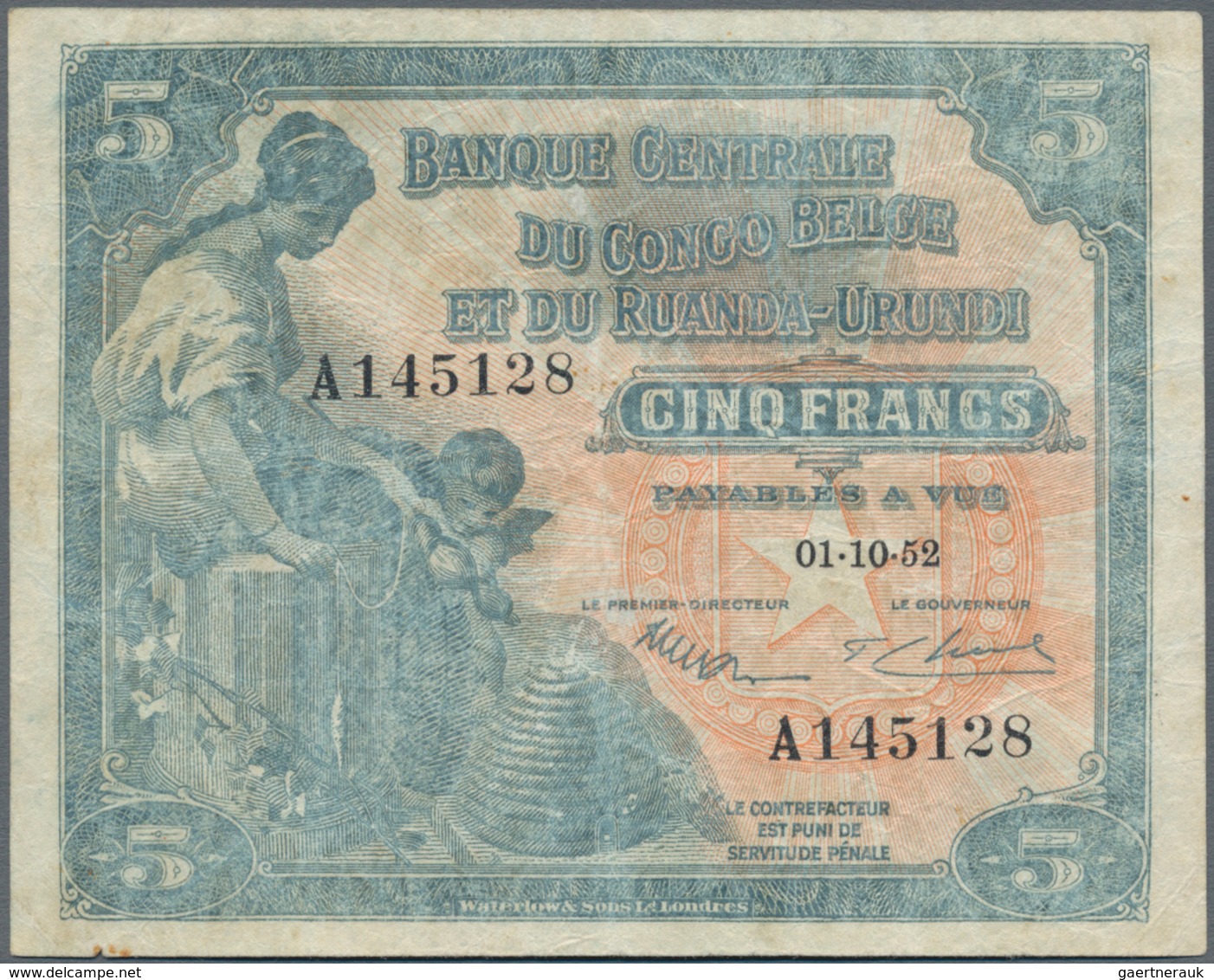 Belgian Congo / Belgisch Kongo: 5 Francs 1952, P.13B, Obviously Pressed With Some Folds And Lightly - Ohne Zuordnung