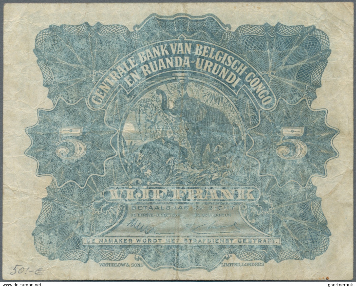 Belgian Congo / Belgisch Kongo: 5 Francs 1952, P.13B, Obviously Pressed With Some Folds And Lightly - Ohne Zuordnung