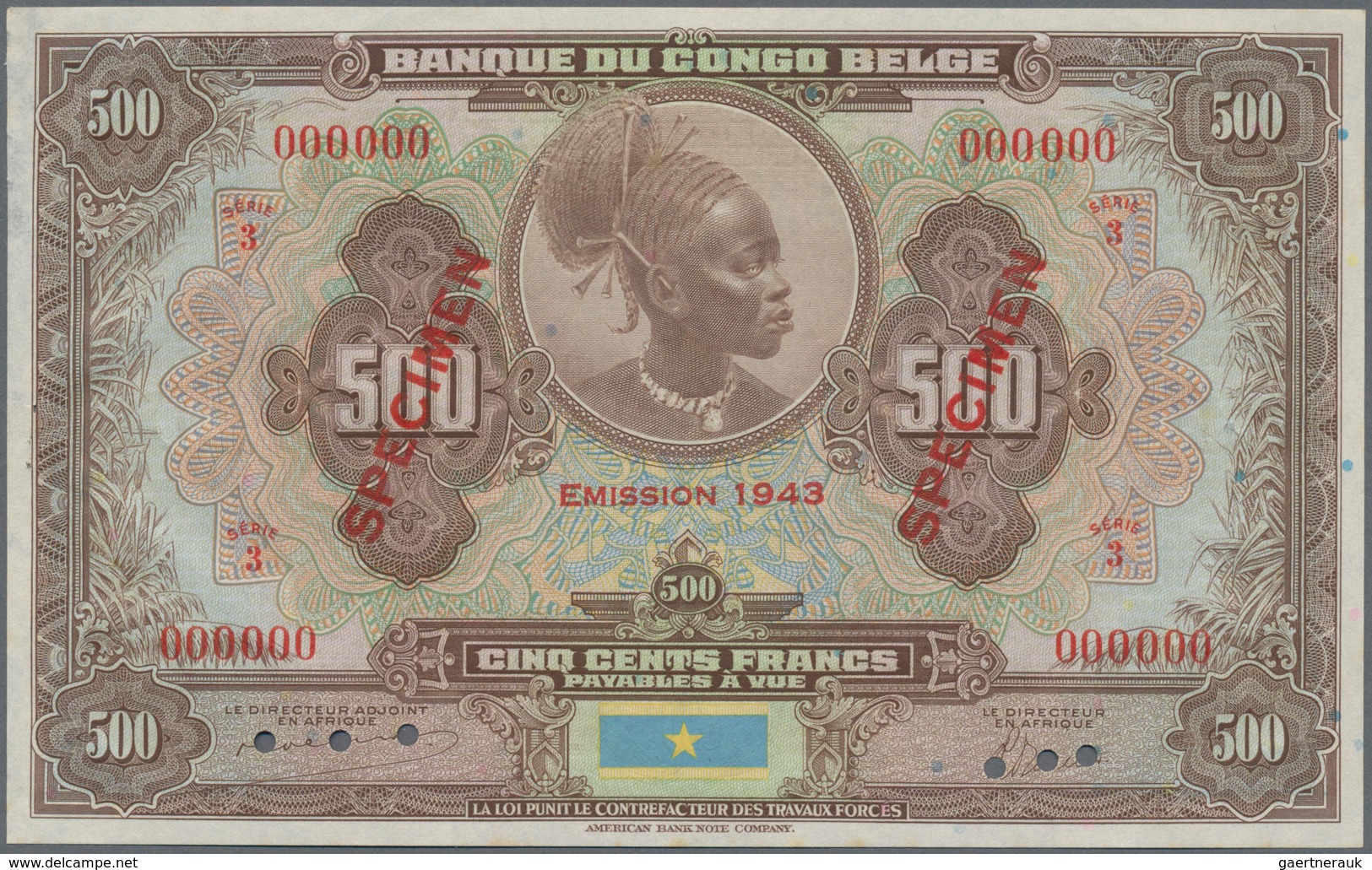 Belgian Congo / Belgisch Kongo: Banque Du Congo Belge 500 Francs Emission 1943 SPECIMEN, P.18Abs, Ex - Ohne Zuordnung