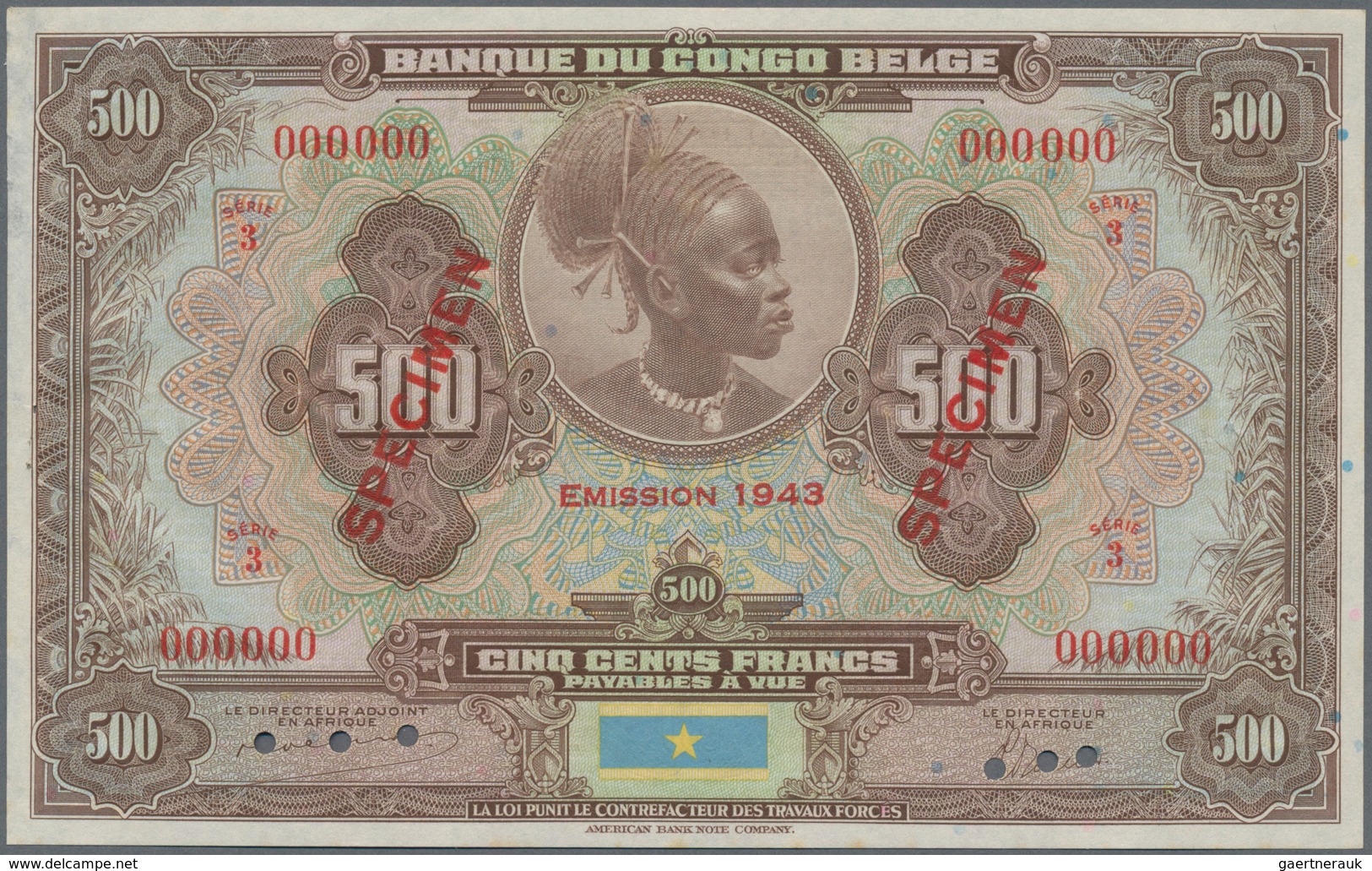 Belgian Congo / Belgisch Kongo: Banque Du Congo Belge 500 Francs Emission 1943 SPECIMEN, P.18Abs, Ex - Zonder Classificatie