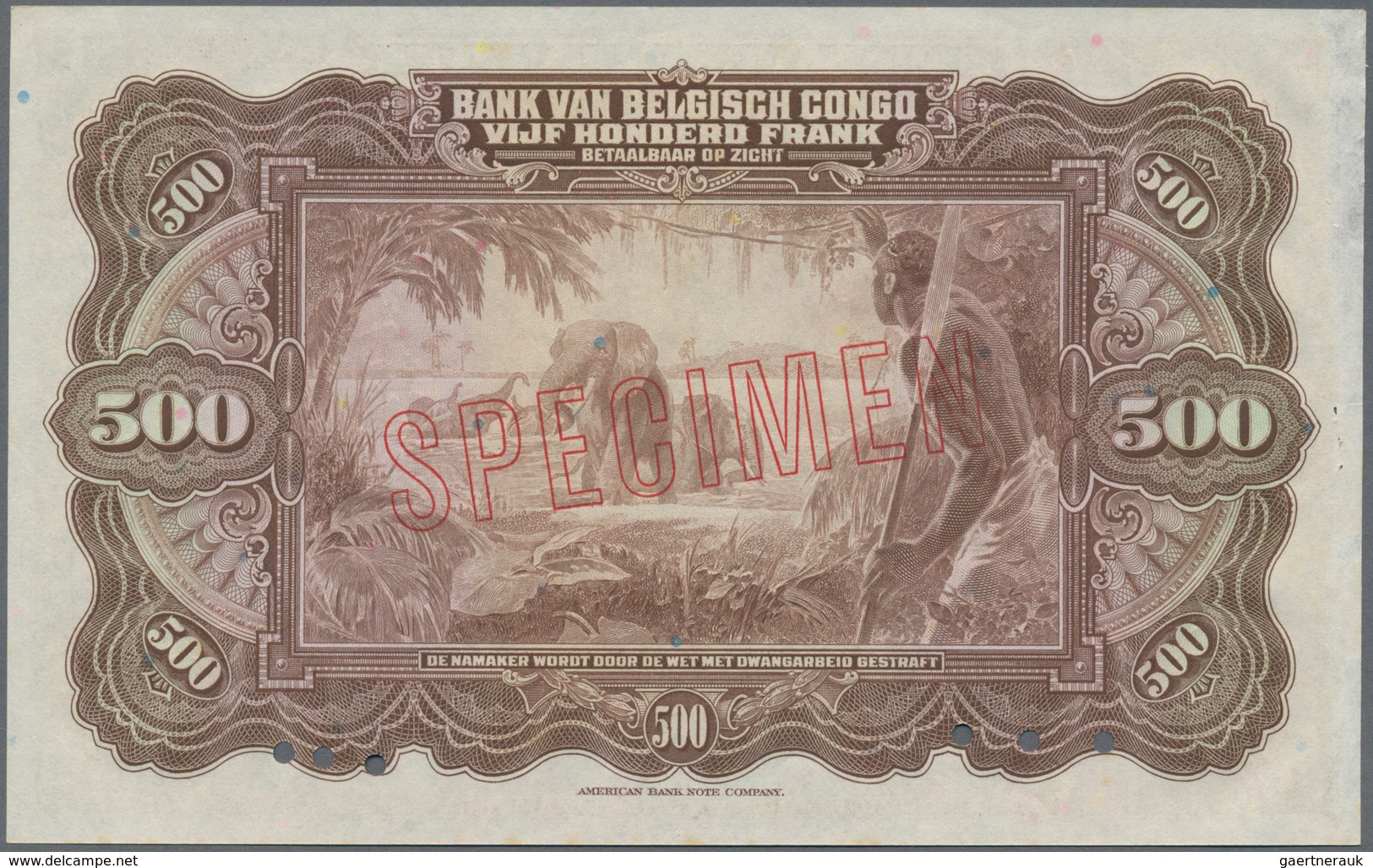 Belgian Congo / Belgisch Kongo: Banque Du Congo Belge 500 Francs Emission 1943 SPECIMEN, P.18Abs, Ex - Sin Clasificación