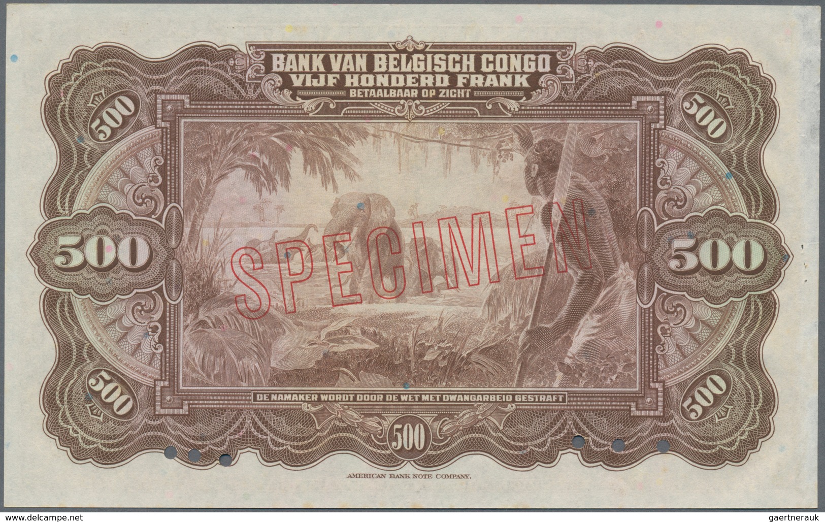 Belgian Congo / Belgisch Kongo: Banque Du Congo Belge 500 Francs Emission 1943 SPECIMEN, P.18Abs, Ex - Zonder Classificatie