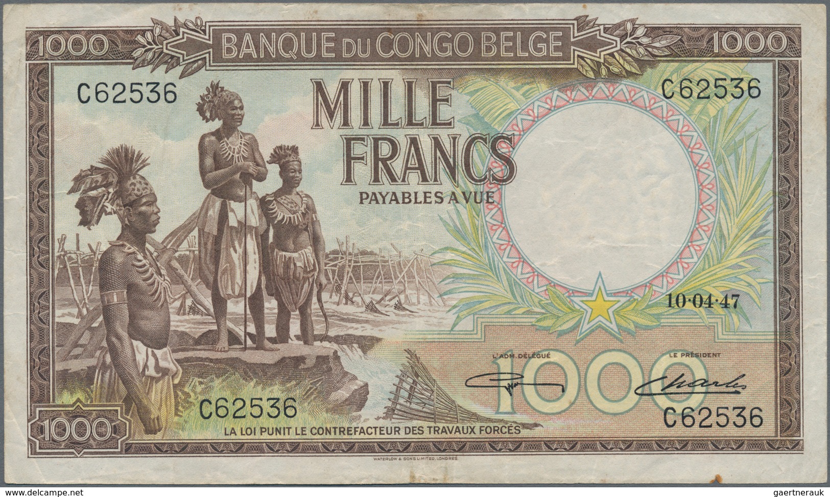 Belgian Congo / Belgisch Kongo: 1000 Francs 1947, P.19a, Great And Highly Rare Banknote, Rusty Spot - Zonder Classificatie