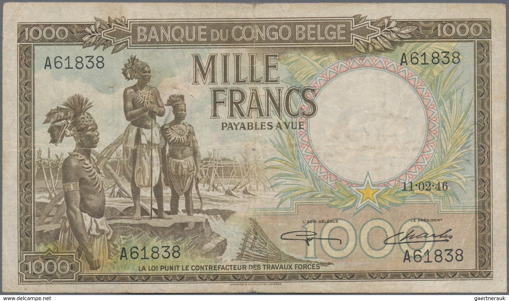 Belgian Congo / Belgisch Kongo: Banque Du Congo Belge 1000 Francs 1946, P.19b, Highly Rare Banknote - Ohne Zuordnung