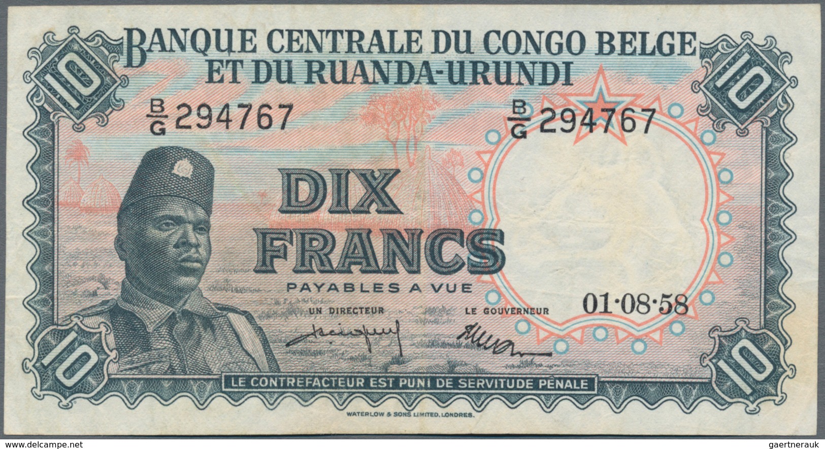 Belgian Congo / Belgisch Kongo: Banque Centrale Du Congo Belge Et Du Ruanda-Urundi Pair With 10 Fran - Ohne Zuordnung