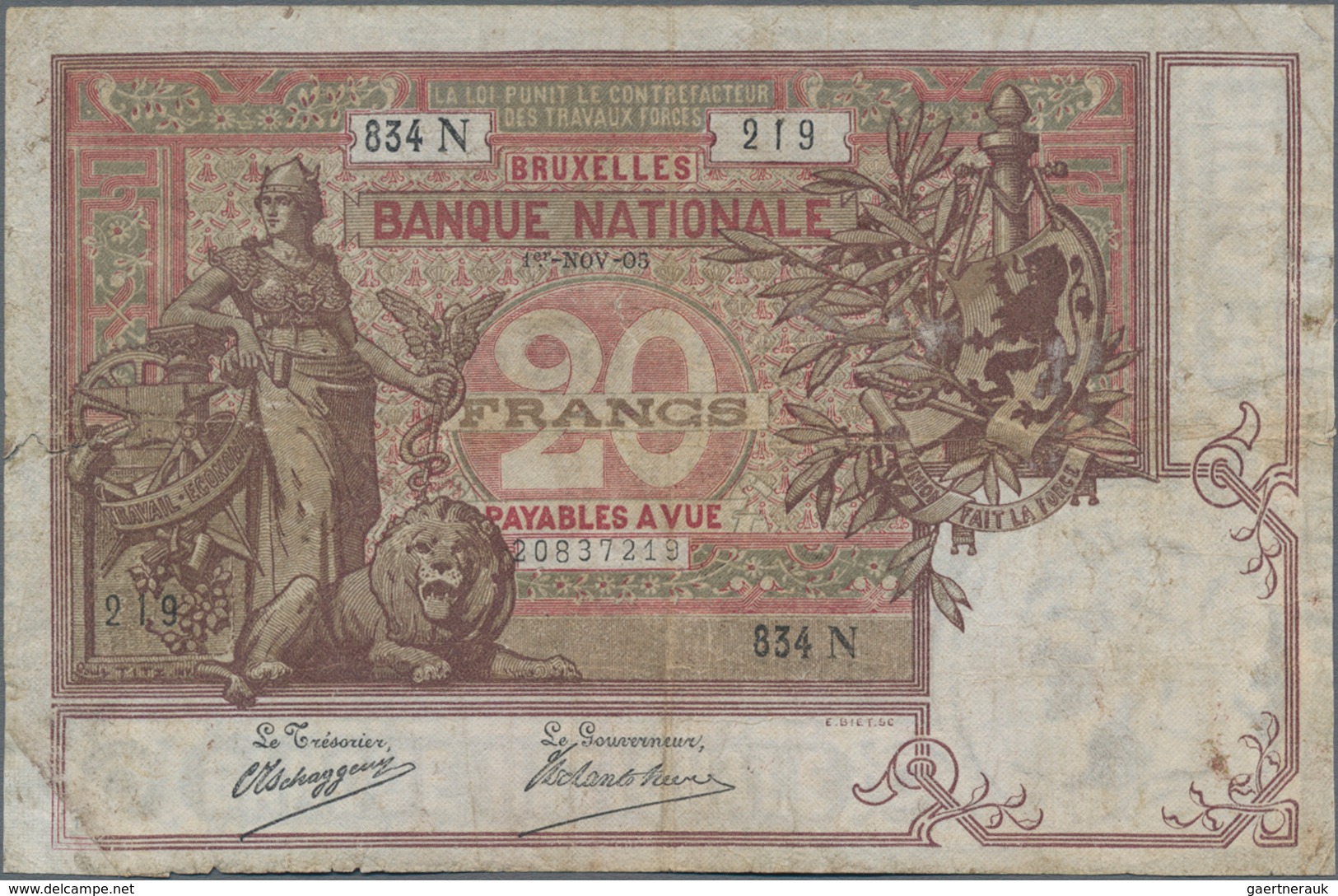 Belgium / Belgien: Pair With 20 Francs 1905 P.62d (F/F-) And 50 Francs 1919 P.68b (VF). (2 Pcs.) - Sonstige & Ohne Zuordnung