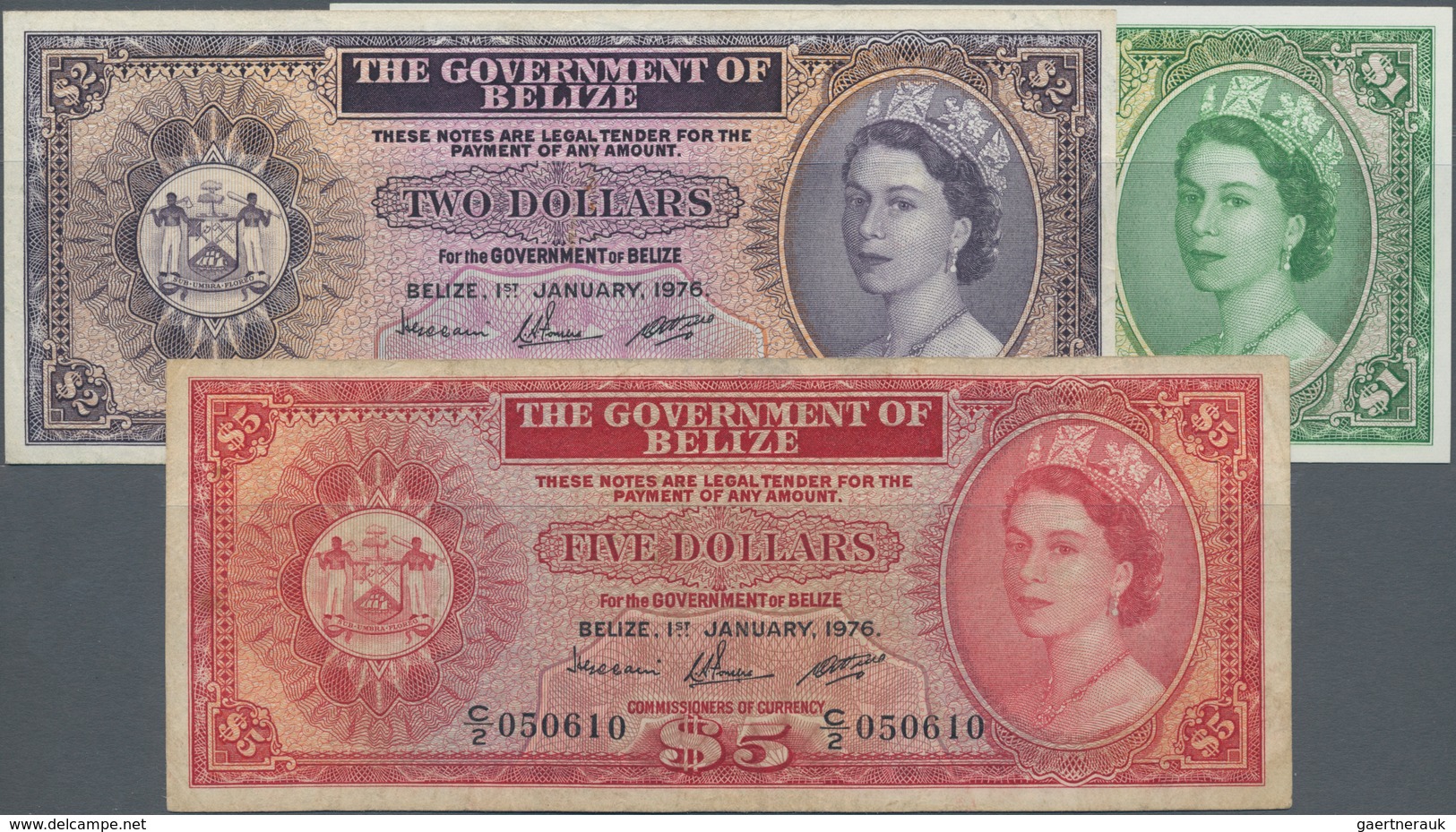 Belize: Set With 3 Banknotes Of The 1976 Series With 1 Dollar (UNC), 2 Dollars (F+) And 5 Dollars (F - Belize