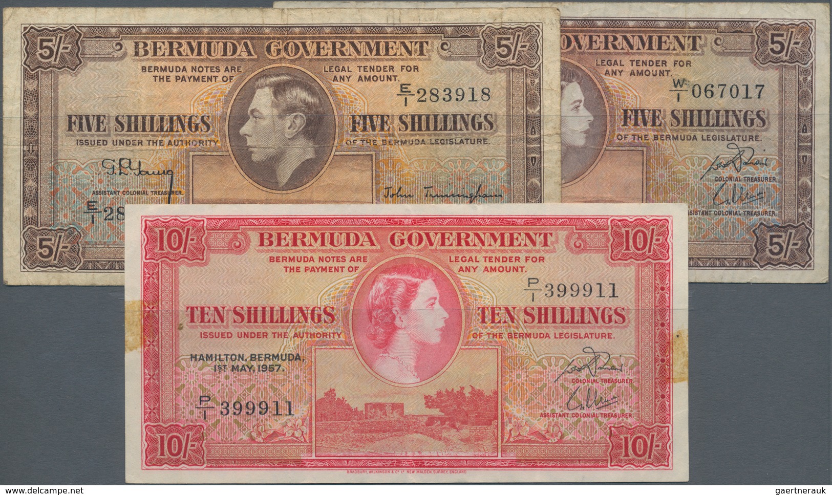 Bermuda: Nice Lot With 3 Banknotes 5 Shillings 1937 P.8b (F-/F), 5 Shillings 1957 P.18b (F) And 10 S - Bermudas