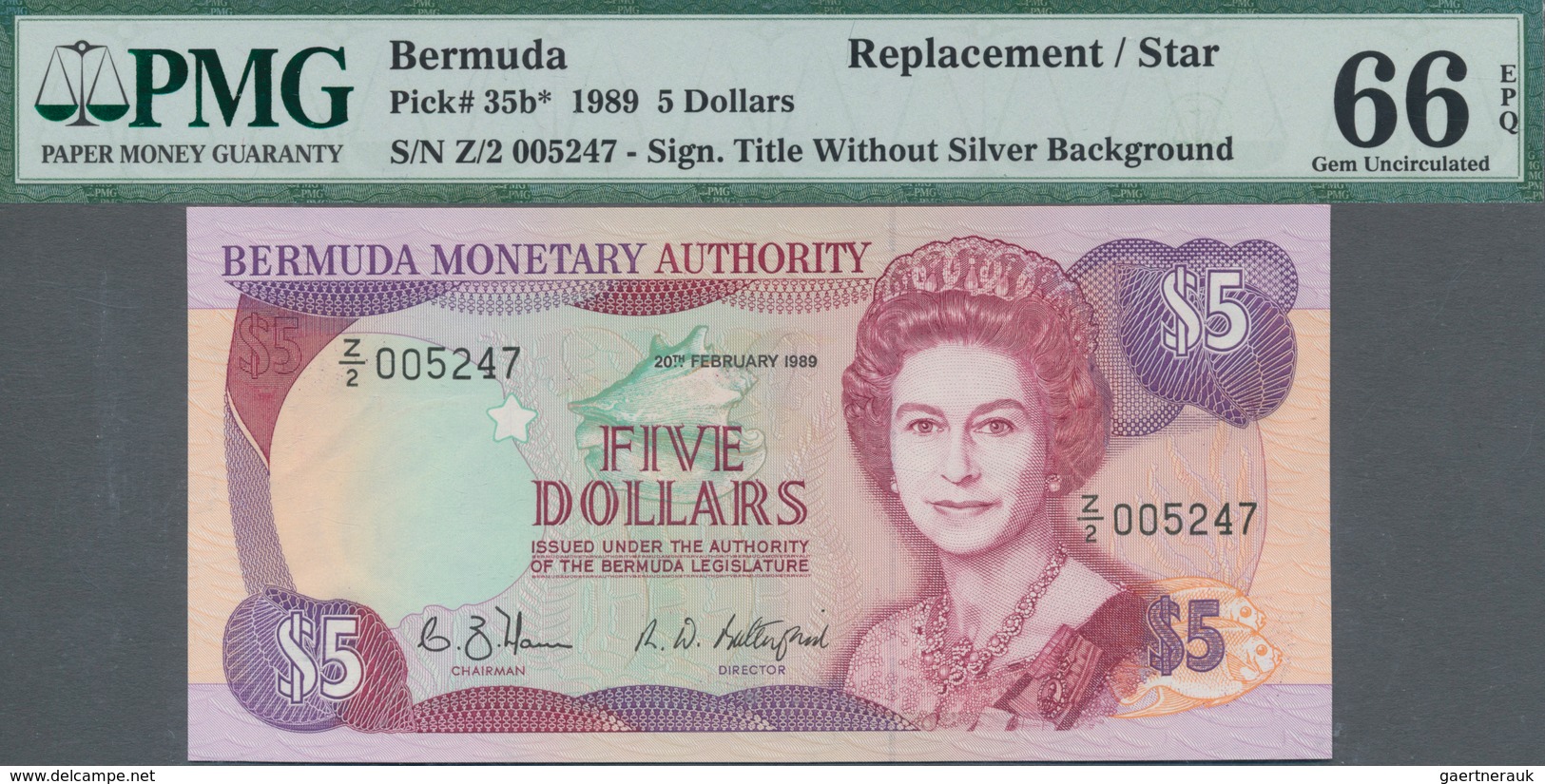 Bermuda: Group of 5 banknotes 5 Dollars 1989 REPLACEMENT, P.35b with prefix "Z" in UNC condition, al