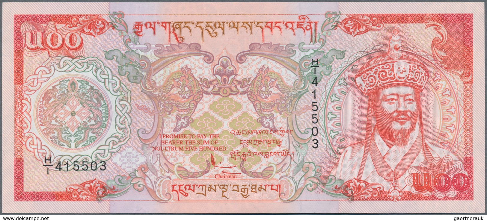 Bhutan: Nice Pair With 10 Ngultrum ND(1974) P.3 (F) And 500 Ngultrum ND(1994) P.21 (UNC). (2 Pcs.) - Bhután