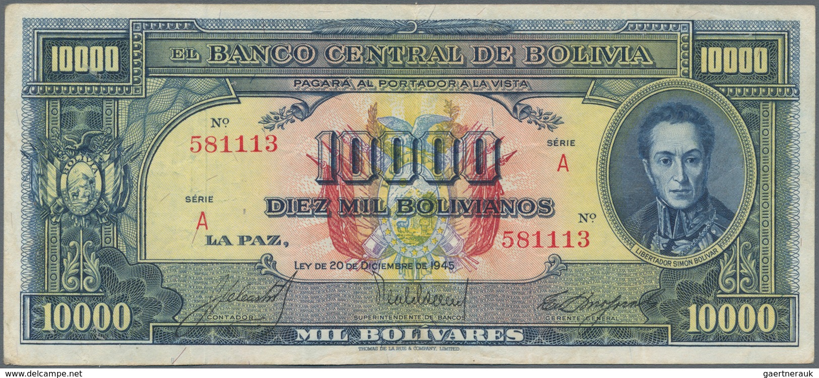 Bolivia / Bolivien: 10.000 Bolivares 1945, P.146, Lightly Stained Paper With A Few Folds. Condition: - Bolivia