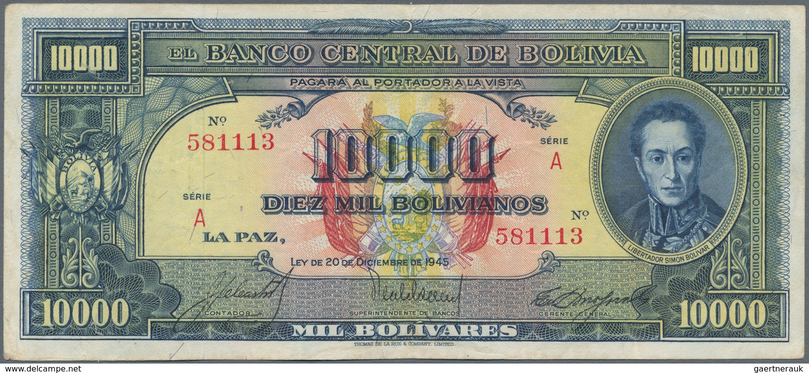 Bolivia / Bolivien: 10.000 Bolivares 1945, P.146, Lightly Stained Paper With A Few Folds. Condition: - Bolivië