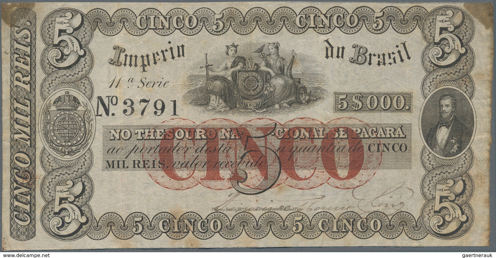 Brazil / Brasilien: Imperio Do Brasil 5 Mil Reis ND(1860), P.A237, Very Nice And Original Shape, Tra - Brasil