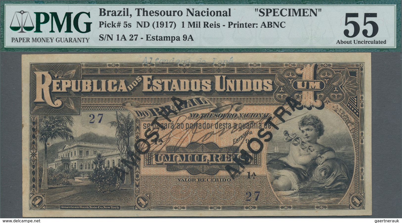 Brazil / Brasilien: Thesouro Nacional 1 Mil Reis ND(1917) SPECIMEN, P.5s, Lightly Yellowed Paper, Pr - Brazilië