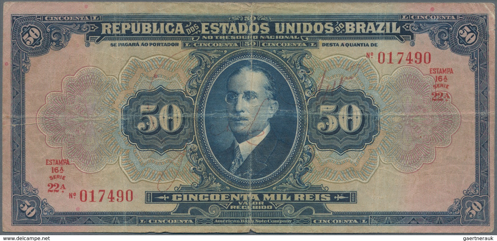 Brazil / Brasilien: República Dos Estados Unidos Do Brasil 50 Mil Reis ND(1915), P.58, Small Margin - Brazilië