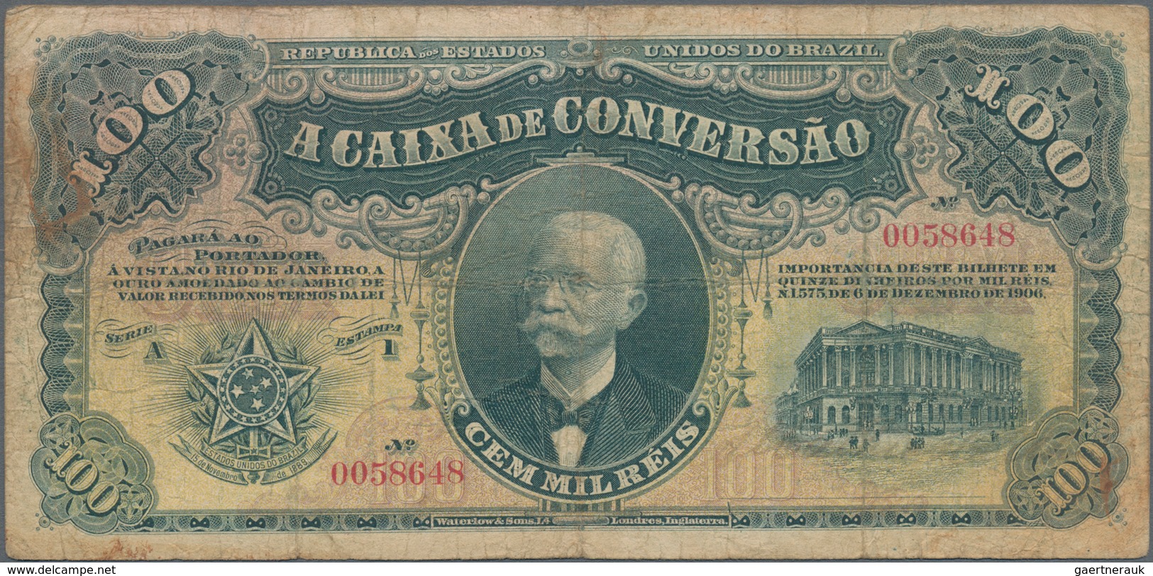 Brazil / Brasilien: Caixa De Conversão 100 Mil Reis 1906, P.97, Very Rare And Seldom Offered Banknot - Brazilië