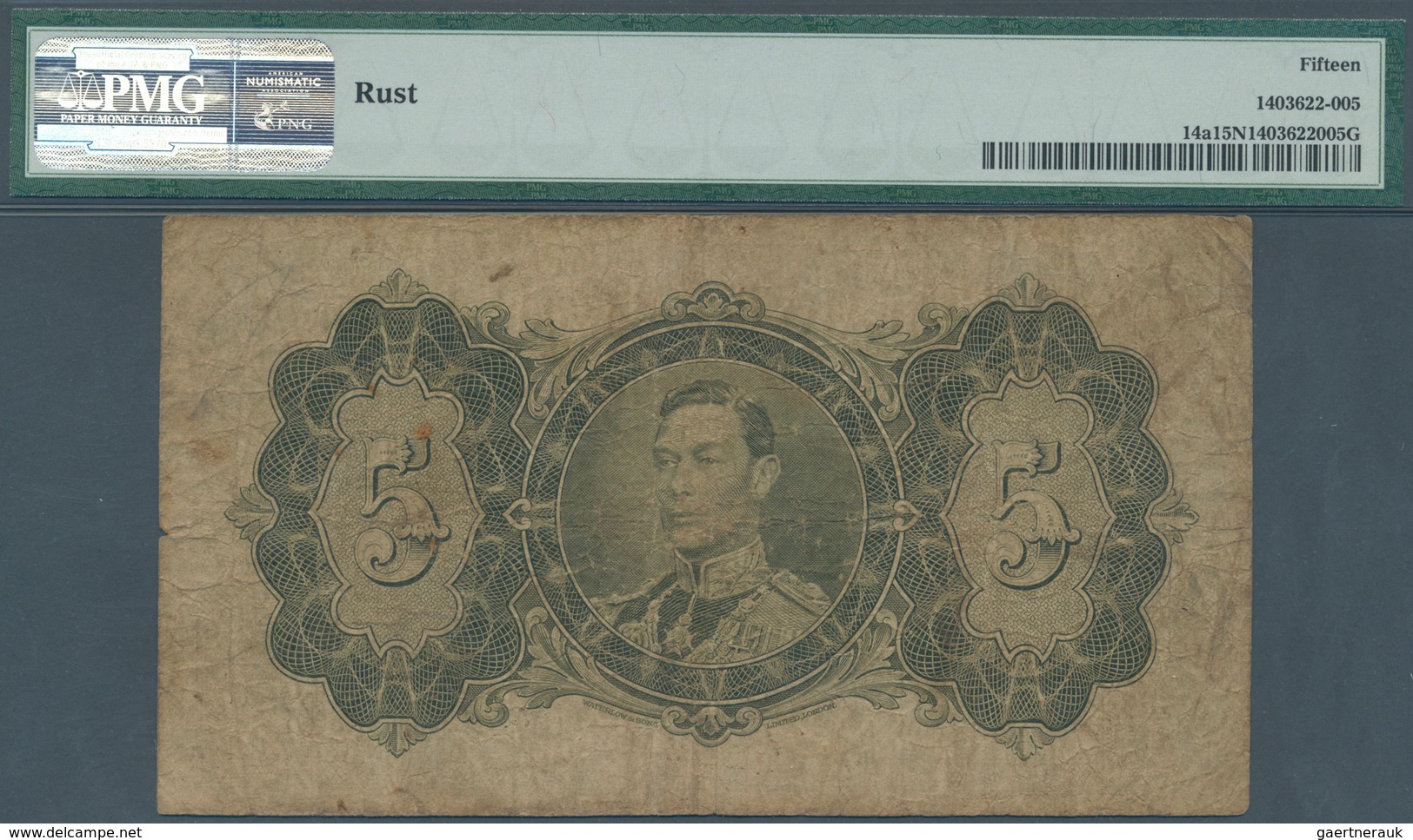 British Guiana / Britisch Guayana: 5 Dollars 1938 P. 14a, Rare Note, PMG Graded 15 Choice Fine Net. - Guyana