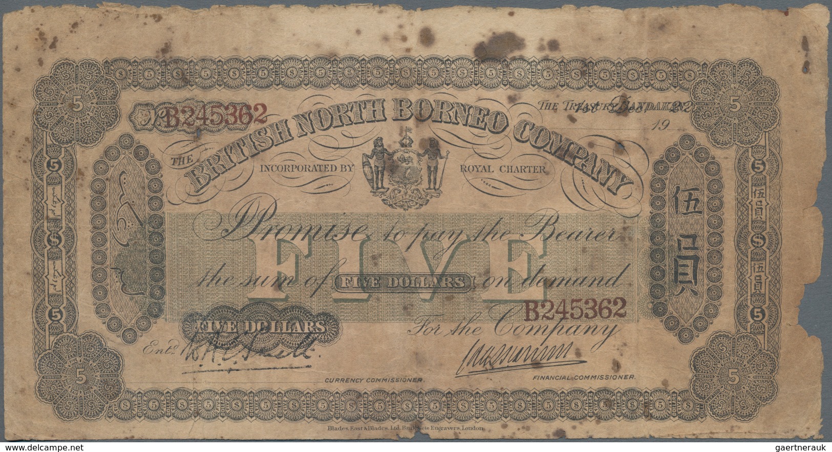 British North Borneo: The British North Borneo Company 5 Dollars 1922, P.4b, Extraordinary Rarity In - Otros – Africa