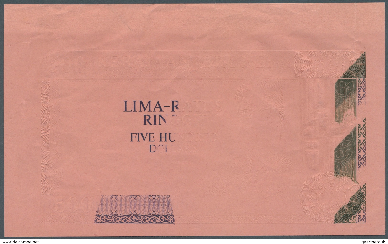Brunei: Highly Rare Uniface Proof Print / Color Trial On Pink Test Paper Of 500 Ringgit ND(1972-88) - Brunei