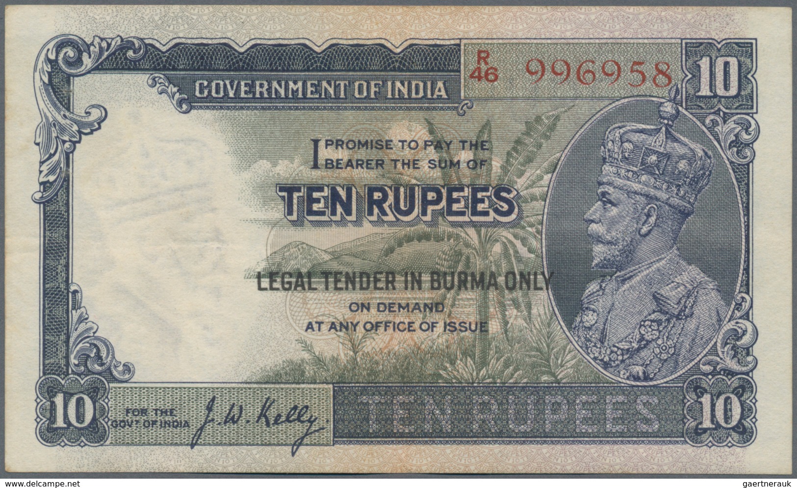 Burma / Myanmar / Birma: 10 Rupees ND(1937) With Black Overprint "LEGAL TENDER IN BURMA ONLY" Near C - Myanmar