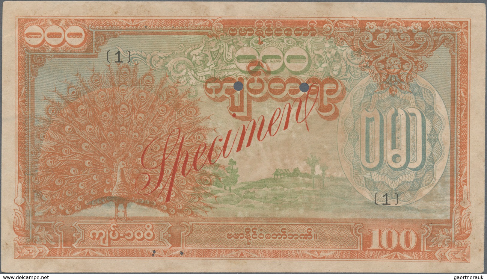 Burma / Myanmar / Birma: Japanese Puppet Bank Of Burma 100 Kyats ND(1944) SPECIMEN, P.21s1, Complete - Myanmar