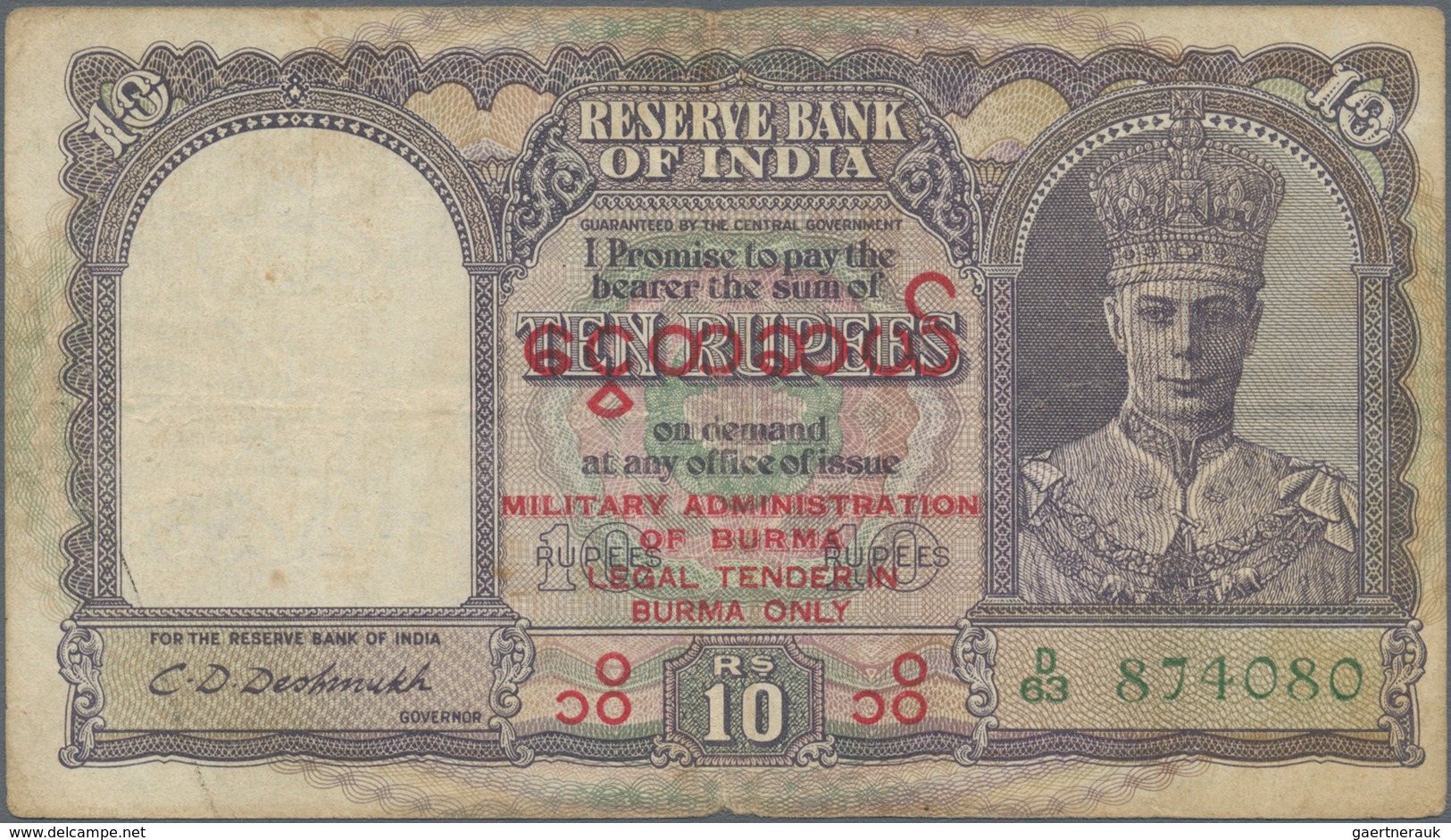 Burma / Myanmar / Birma: Nice Lot With 3 Banknotes Containing 10 Rupees ND(1945) With Overprint “Mil - Myanmar