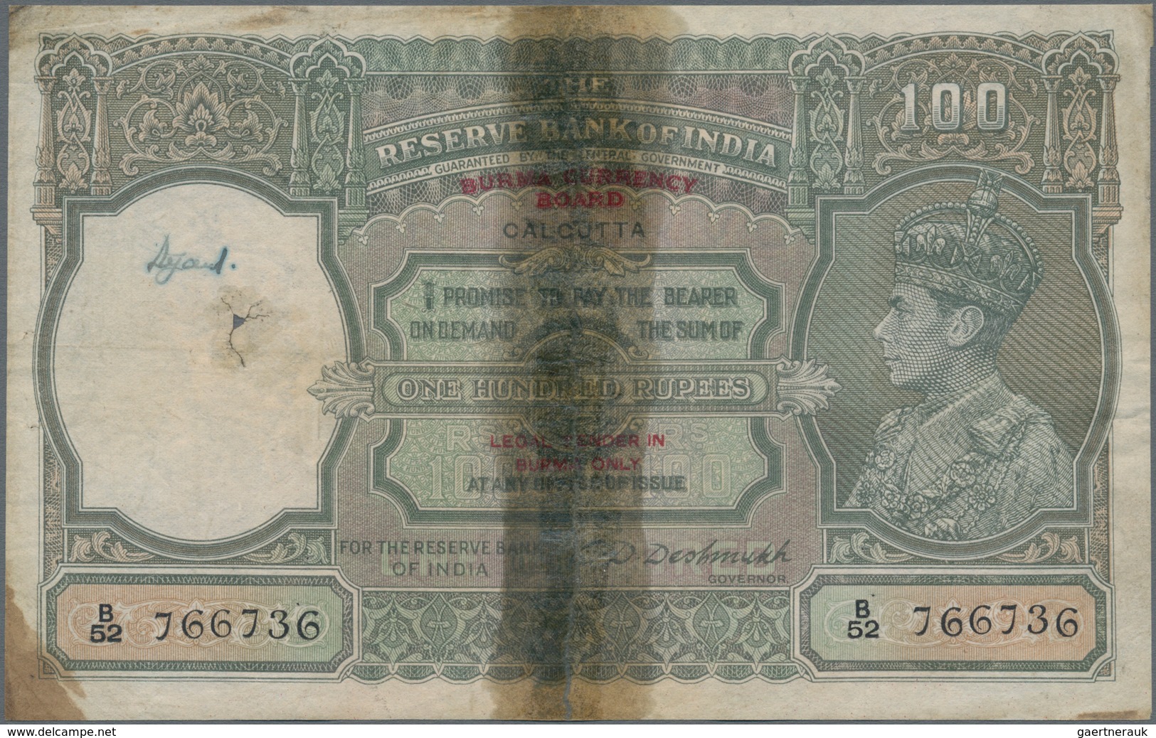 Burma / Myanmar / Birma: Burma Currency Board 100 Rupees ND(1947) Overprint "Legal Tender In Burma O - Myanmar