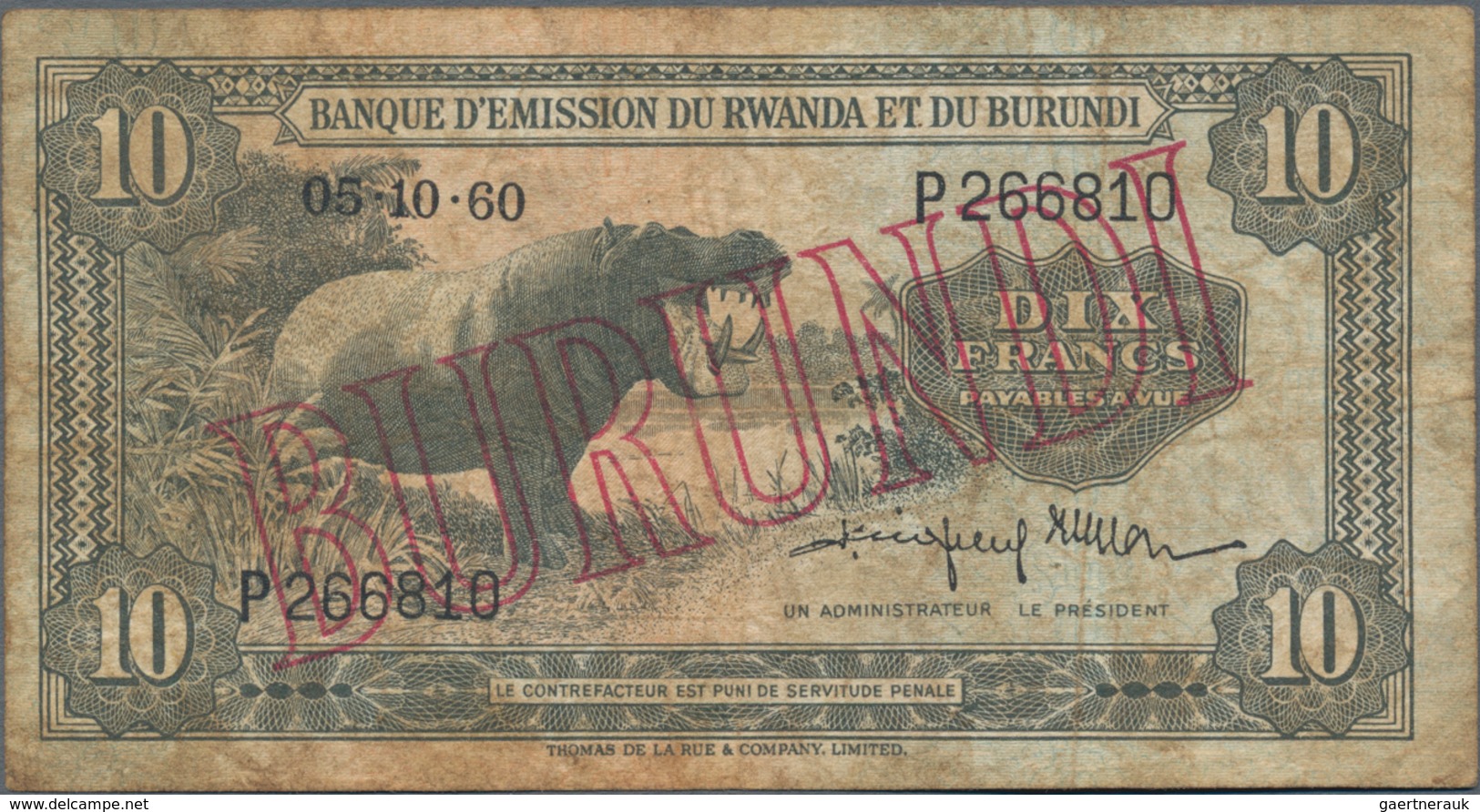 Burundi: Banque D'Émission Du Rwanda Et Du Burundi (Banque Du Royaume Du Burundi) 10 Francs 1960, P. - Burundi