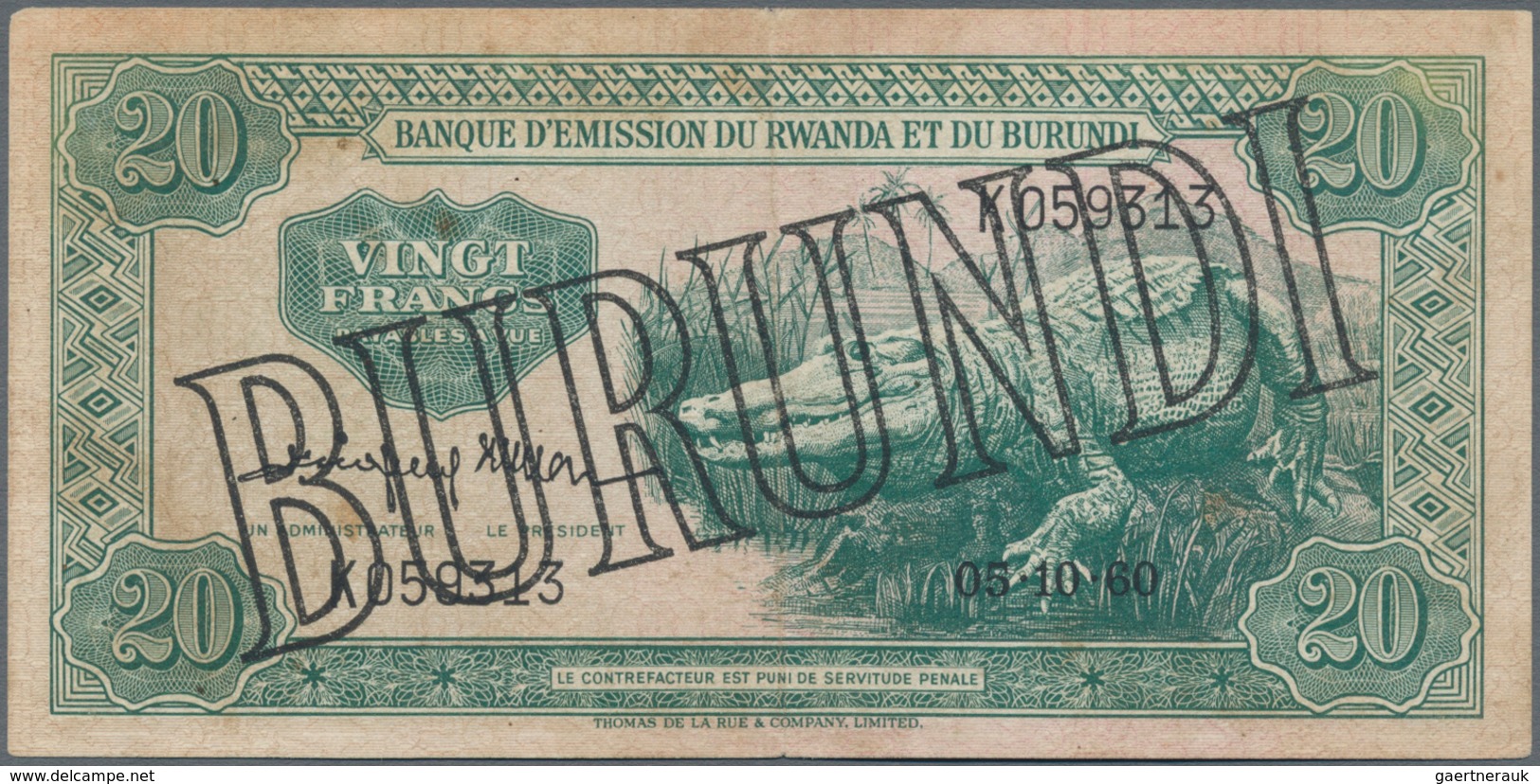 Burundi: Banque D'Émission Du Rwanda Et Du Burundi (Banque Du Royaume Du Burundi) 20 Francs 1960, P. - Burundi