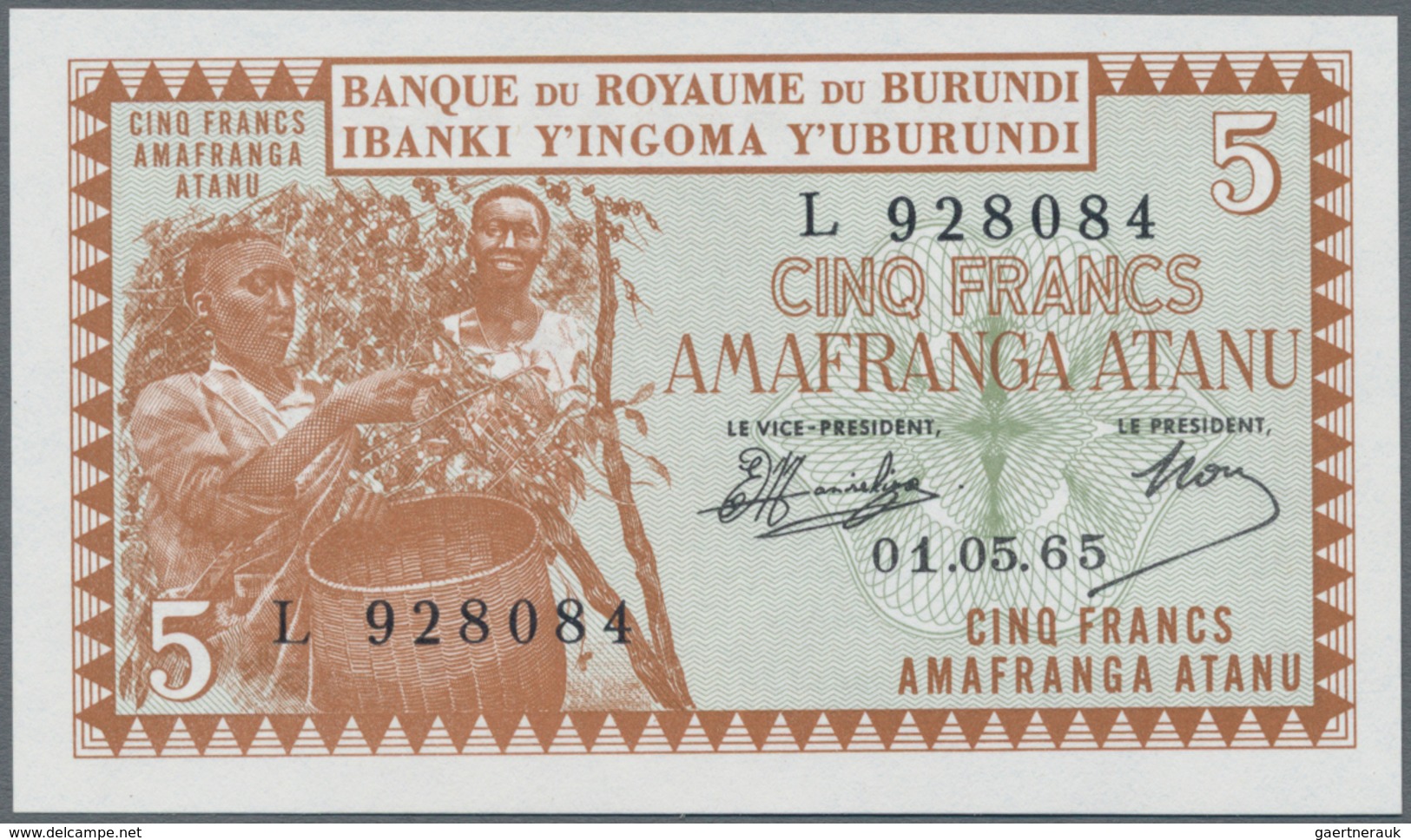 Burundi: Banque Du Royaume Du Burundi 5 Francs 1965, P.8 In Perfect UNC Condition - Burundi