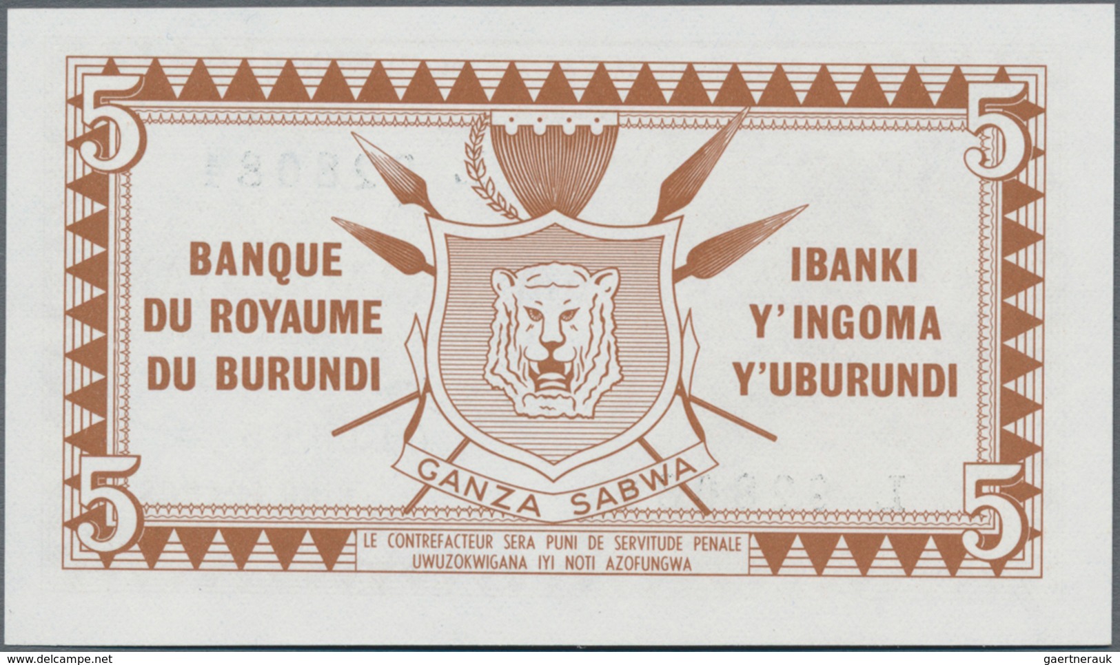 Burundi: Banque Du Royaume Du Burundi 5 Francs 1965, P.8 In Perfect UNC Condition - Burundi