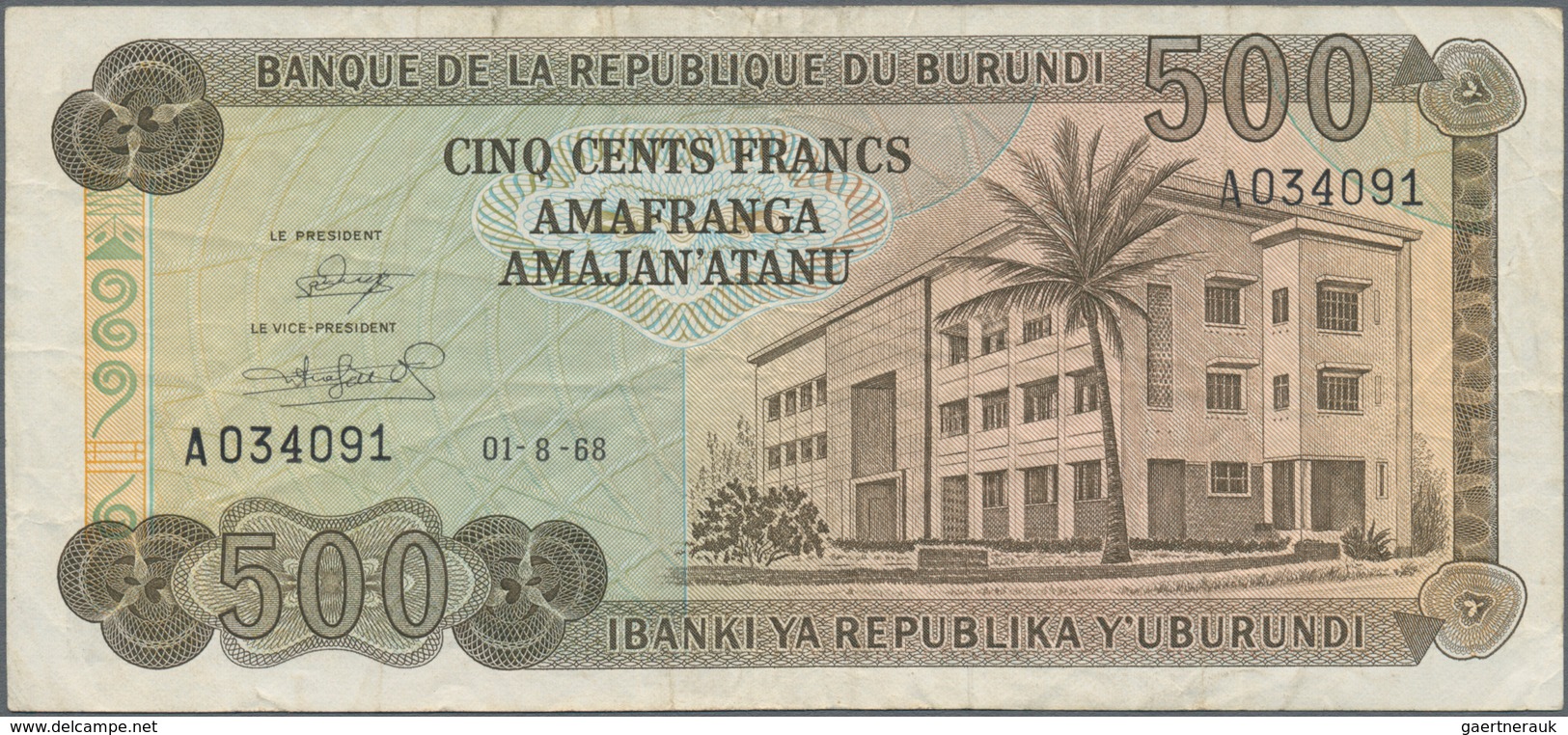 Burundi: Banque De La République Du Burundi 500 Francs 1968, P.24a, Small Graffiti On Back, Some Fol - Burundi