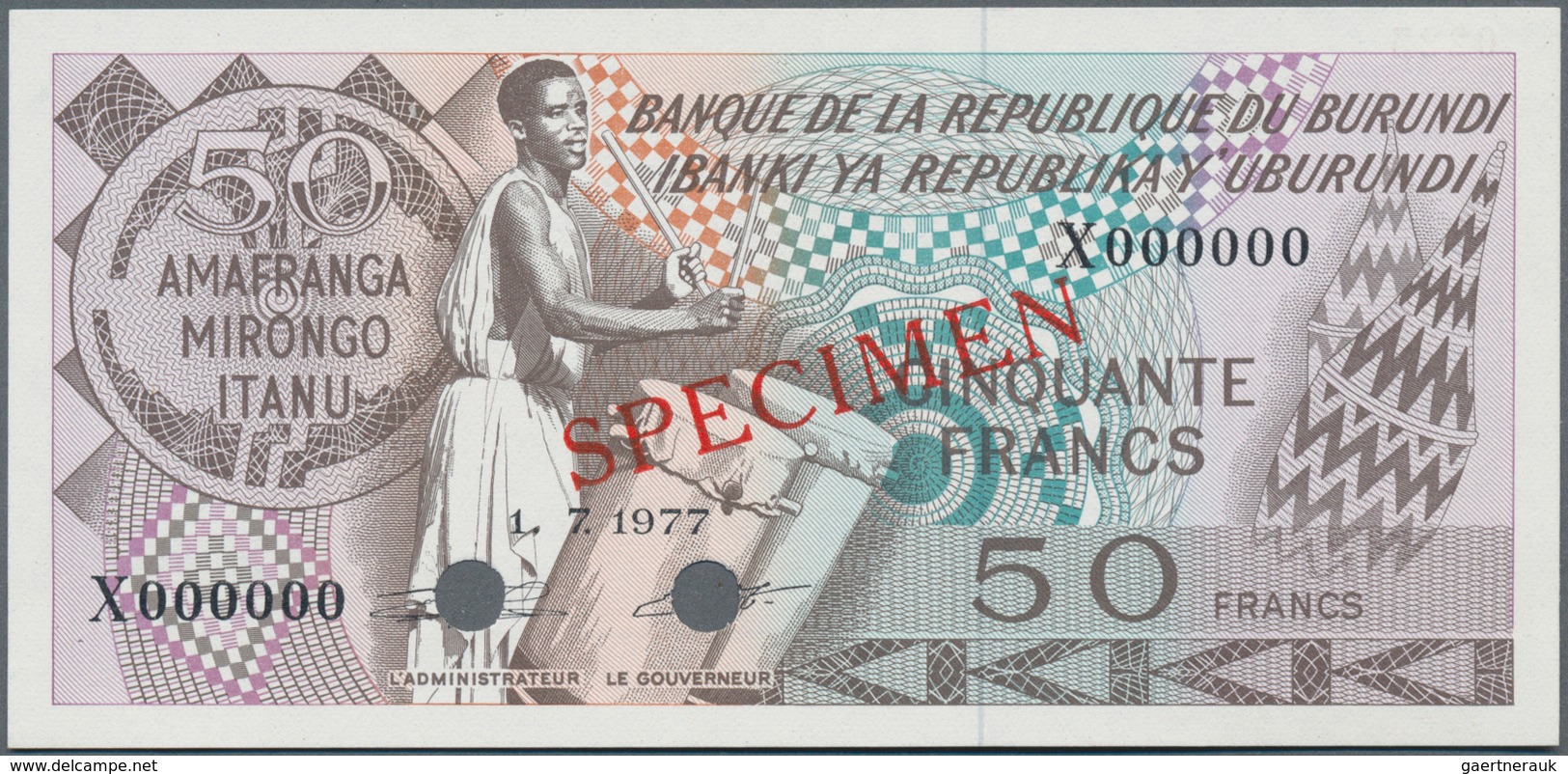 Burundi:  Banque De La République Du Burundi 50 Francs 1977 SPECIMEN, P.28s With Punch Hole Cancella - Burundi