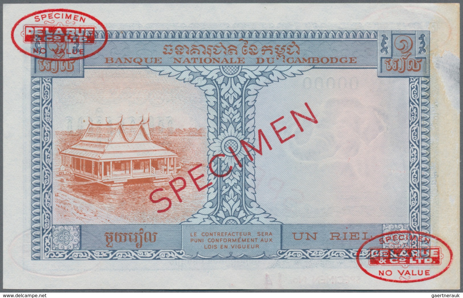 Cambodia / Kambodscha: Banque Nationale Du Cambodge 1 Riel ND(1955) DLR Specimen, P.1s, Traces Of Gl - Cambodja