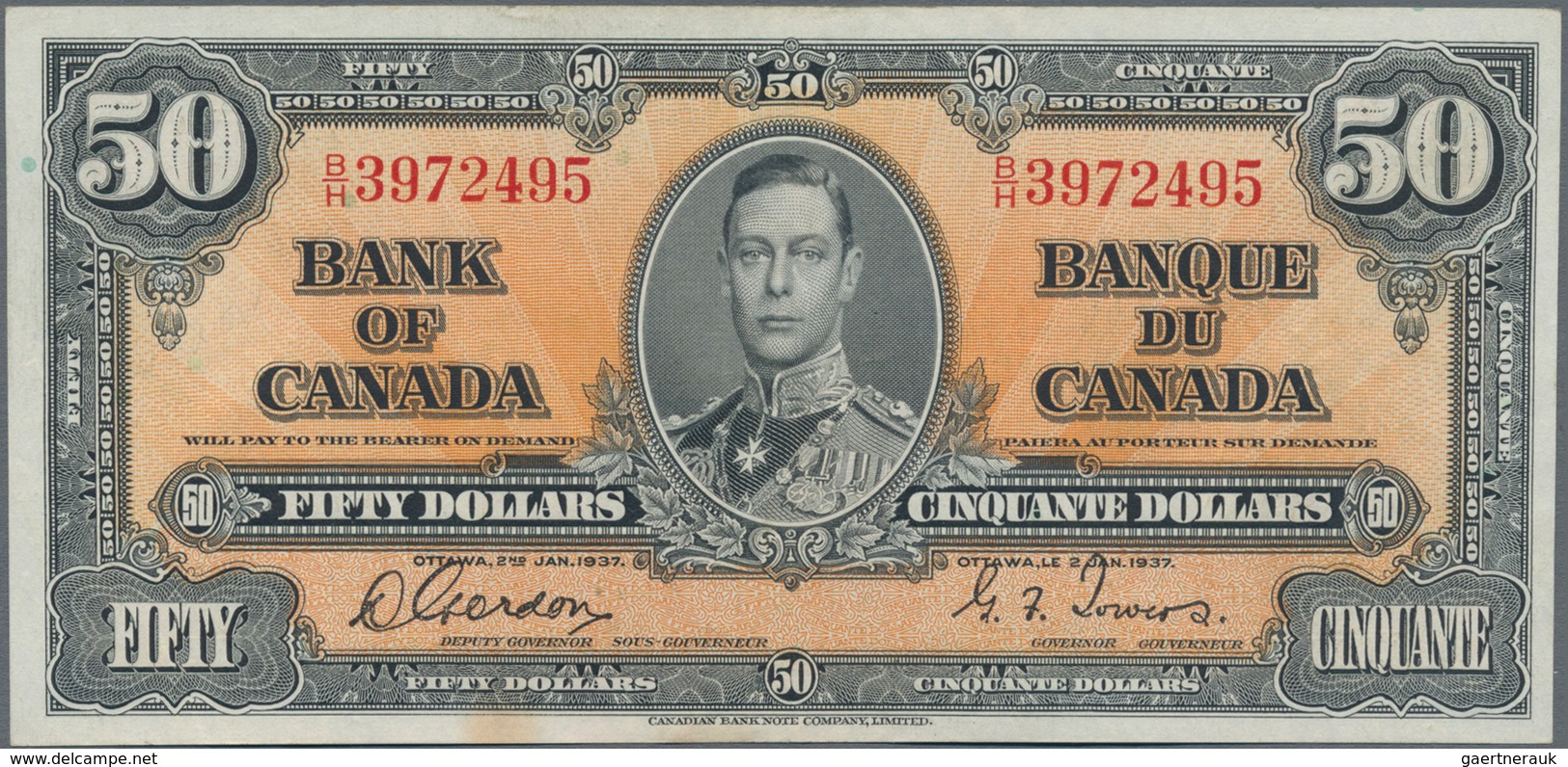 Canada: 50 Dollars 1937, P.63b, Very Nice With Strong Paper And Bright Colors, Some Folds And A Few - Canada