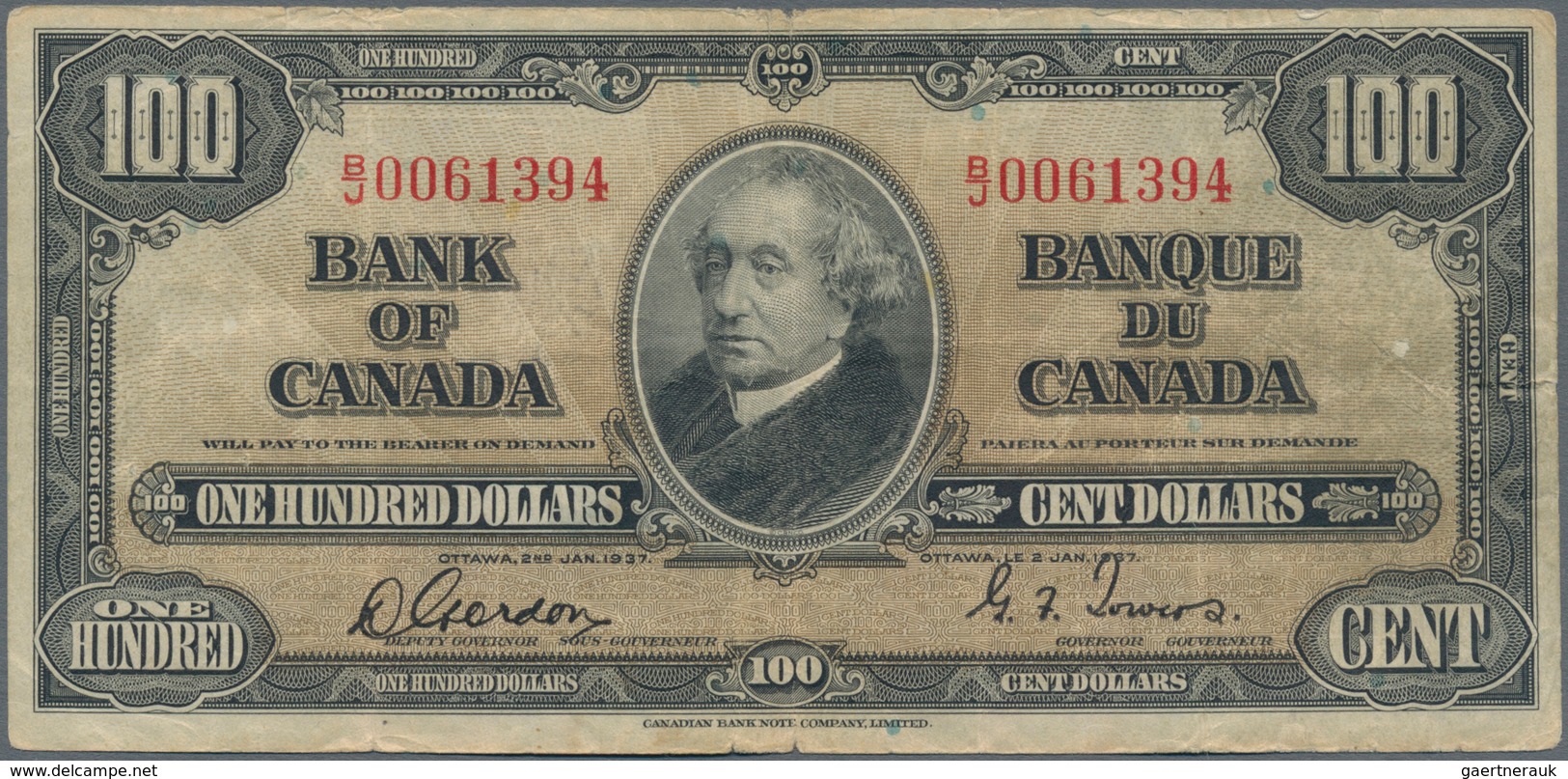 Canada: 100 Dollars 1937, P.64b, Small Margin Split, Some Folds And Lightly Toned Paper. Condition: - Canada