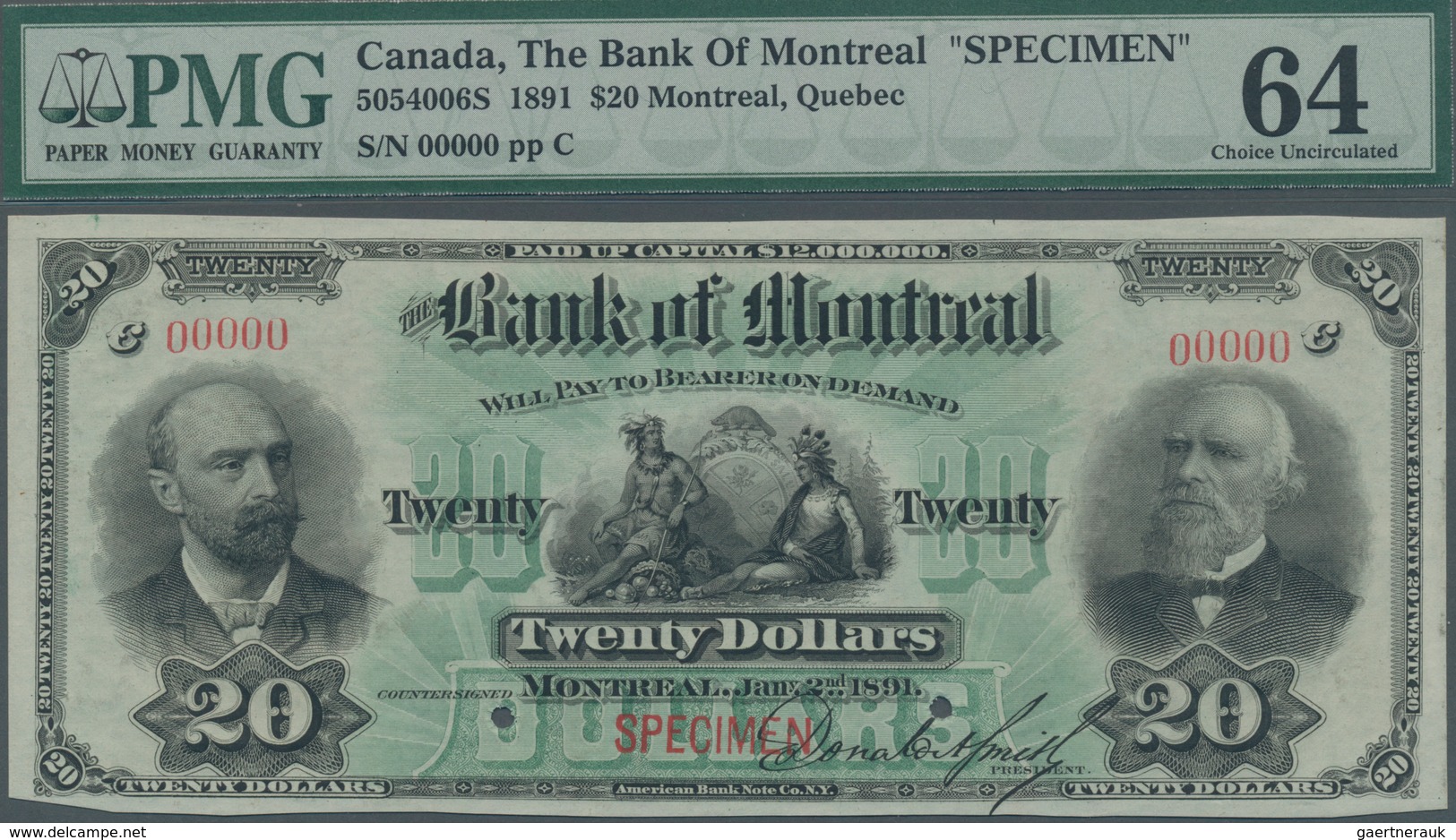 Canada: The Bank Of Montreal 20 Dollars 1891 SPECIMEN, P.S524s, Lightly Trimmed At Lower Margin, Oth - Kanada