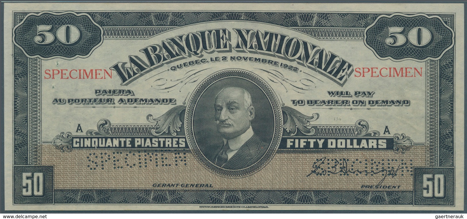 Canada: La Banque Nationale 50 Dollars 1922 SPECIMEN, P.S874s In Excellent Condition, Just Slightly - Canada