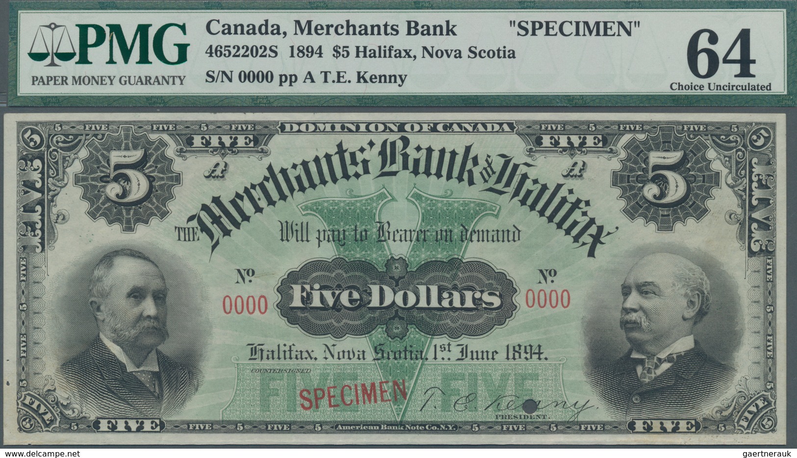 Canada: The Merchants Bank Of Halifax 5 Dollars 1894 SPECIMEN, P.S1187s, Some Pinholes At Lower Left - Canada