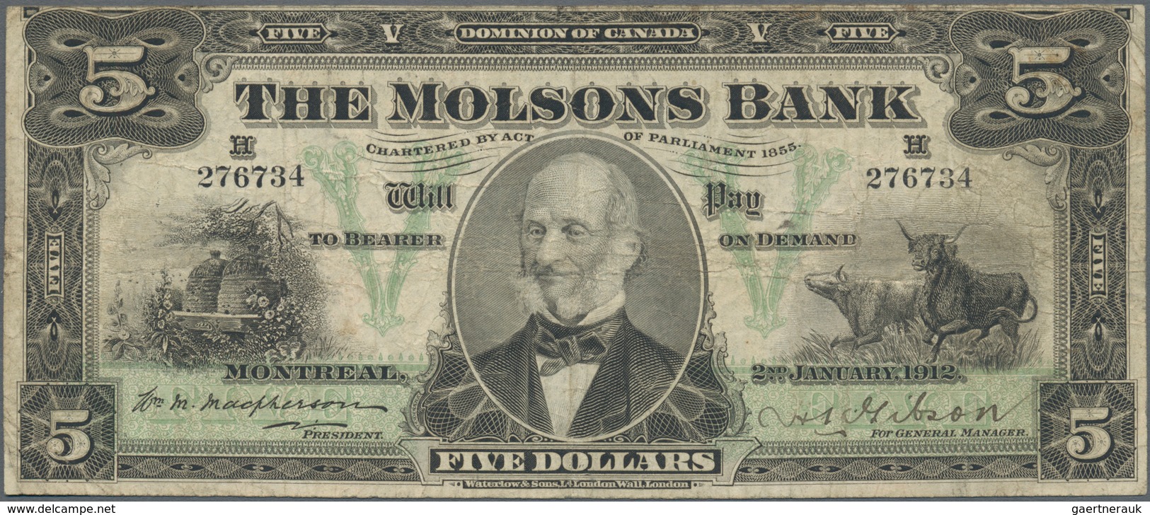 Canada: The Molsons Bank 5 Dollars 1912, P.S1235, Very Rare And Seldom Offered Note, Still Great Con - Canada