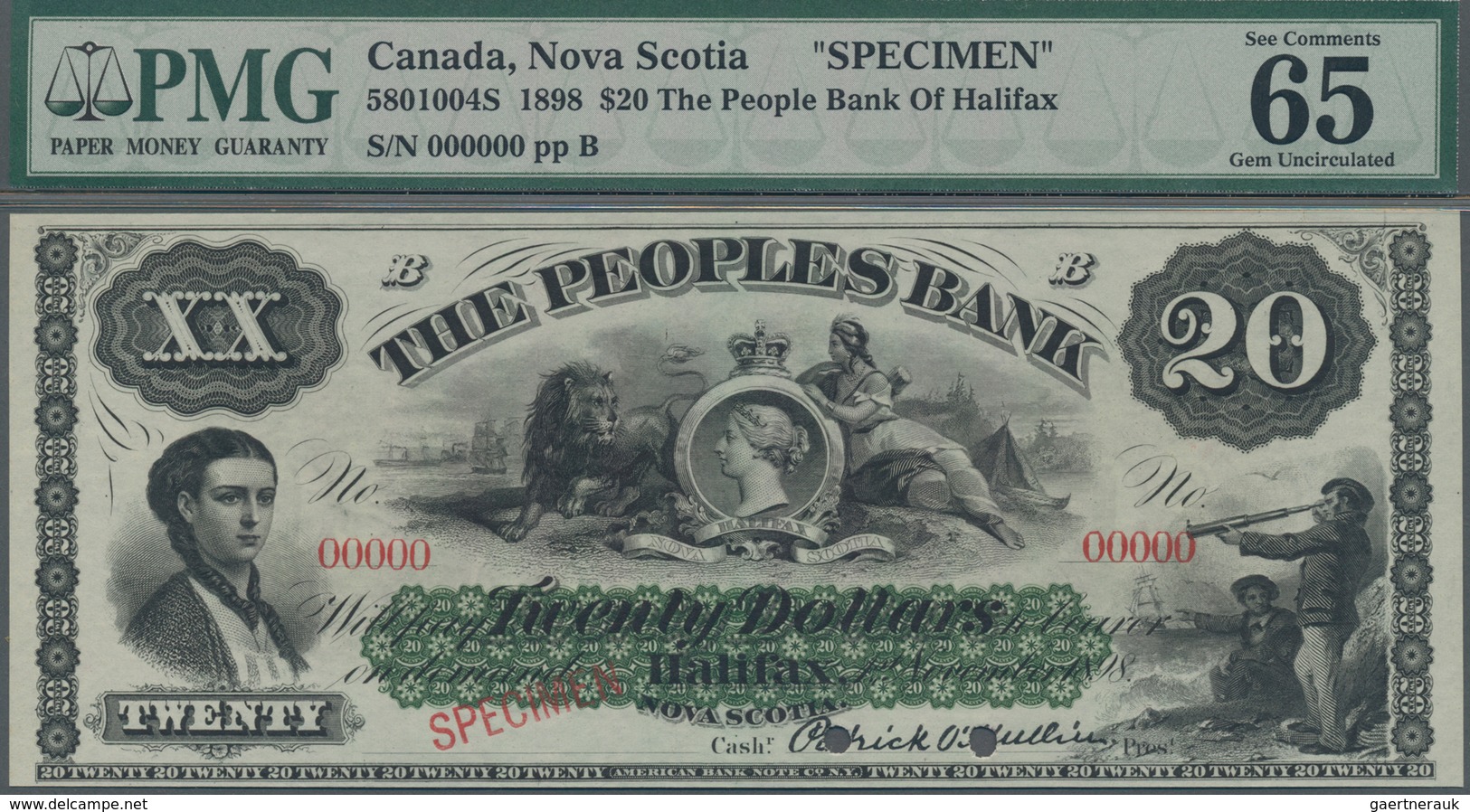 Canada: The Peoples Bank Of Halifax 20 Dollars 1898 SPECIMEN, P.S1290s, PMG Graded 65 Gem Uncirculat - Kanada