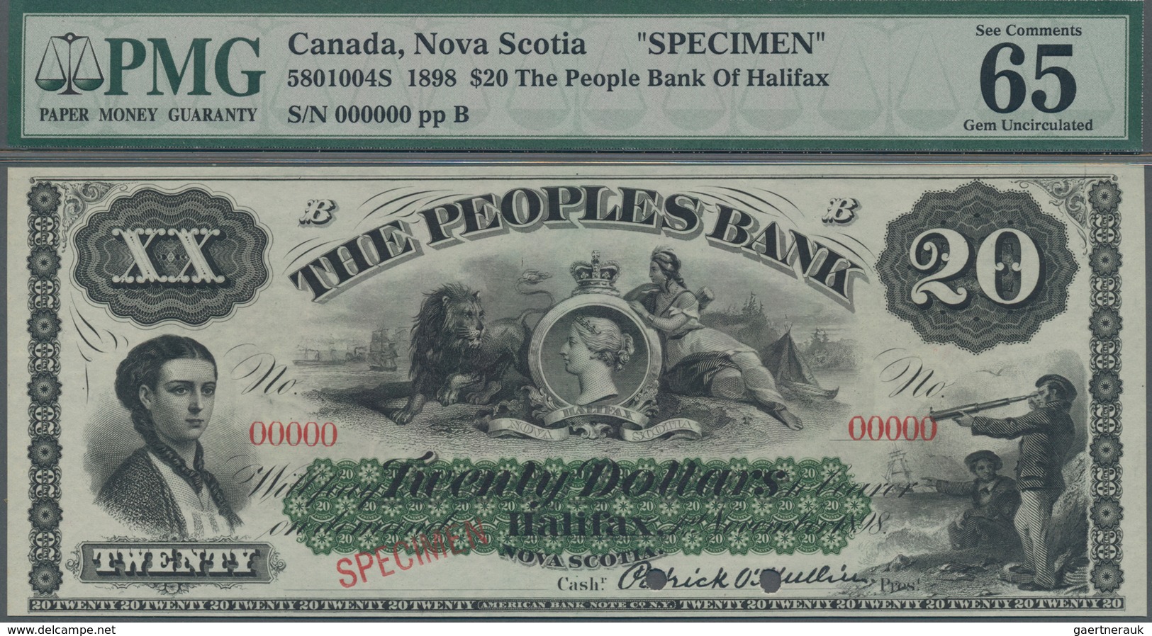 Canada: The Peoples Bank Of Halifax 20 Dollars 1898 SPECIMEN, P.S1290s, PMG Graded 65 Gem Uncirculat - Canada