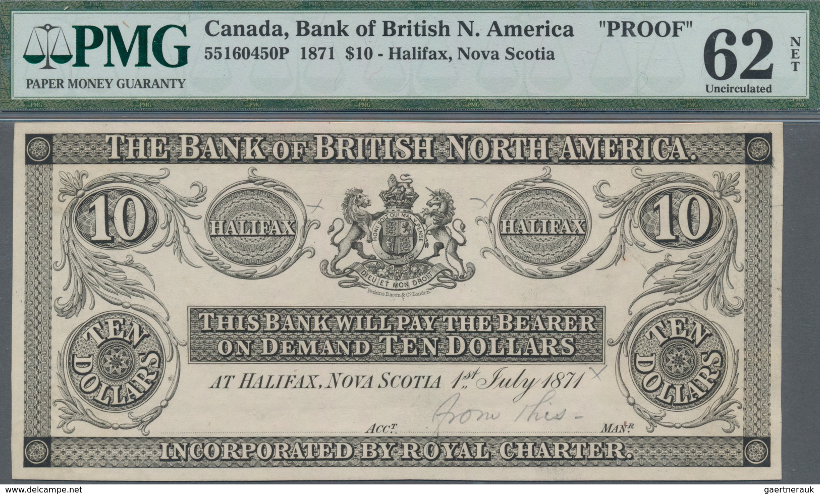 Canada: The Bank Of British North America 10 Dollars, Halifax, Nova Scotia Front Proof, P.NL, Previo - Canada