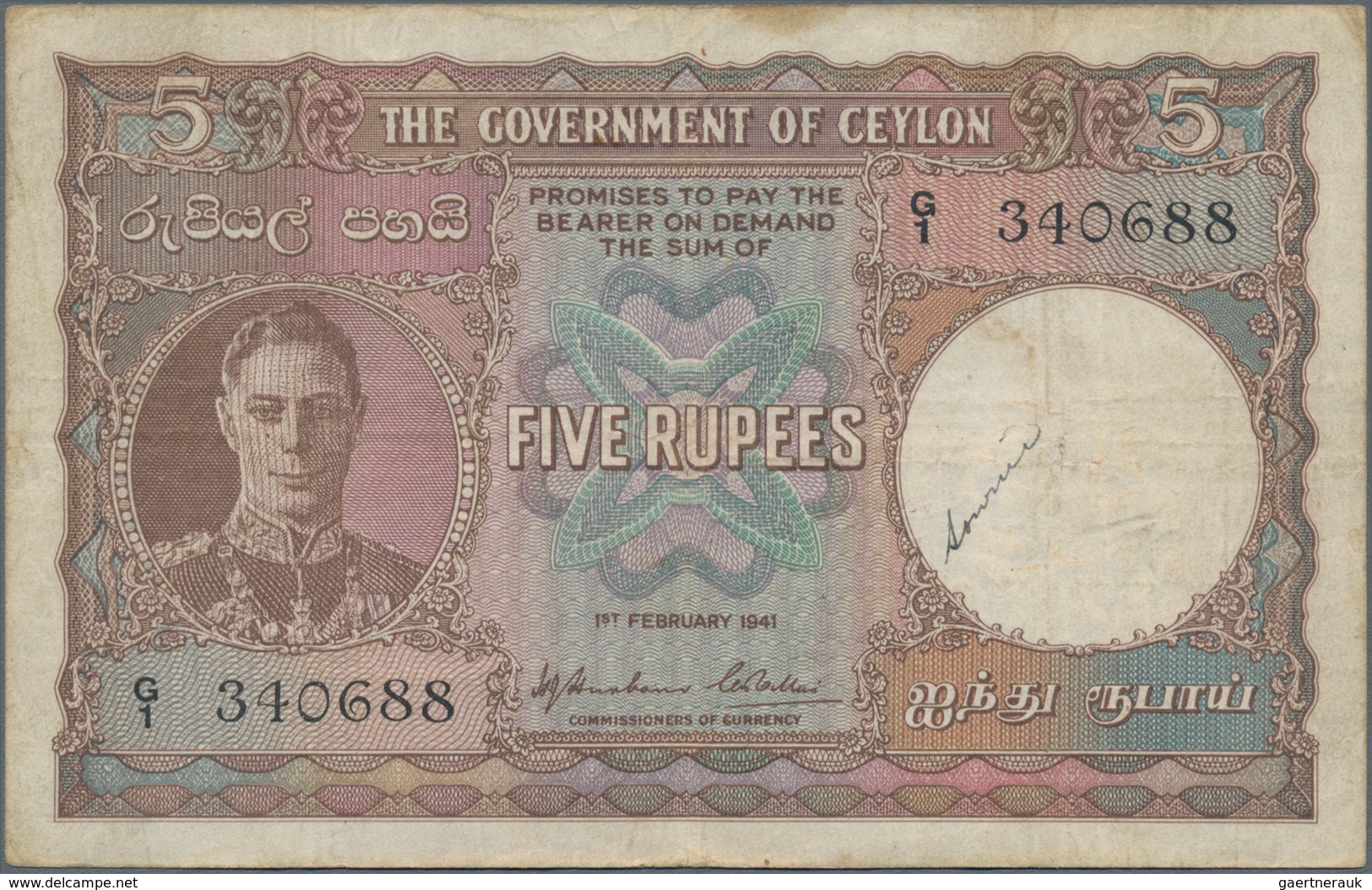 Ceylon: Nice Group With 3 Banknotes 5 Rupees 1941 P.32 (F), 10 Rupees 1941 P.36A (F+) And 25 Cents 1 - Sri Lanka
