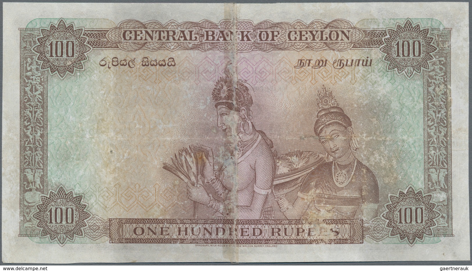 Ceylon: Central Bank Of Ceylon 100 Rupees 1952, P.53, Taped On Back, Cut Borders And Tiny Hole At Ce - Sri Lanka