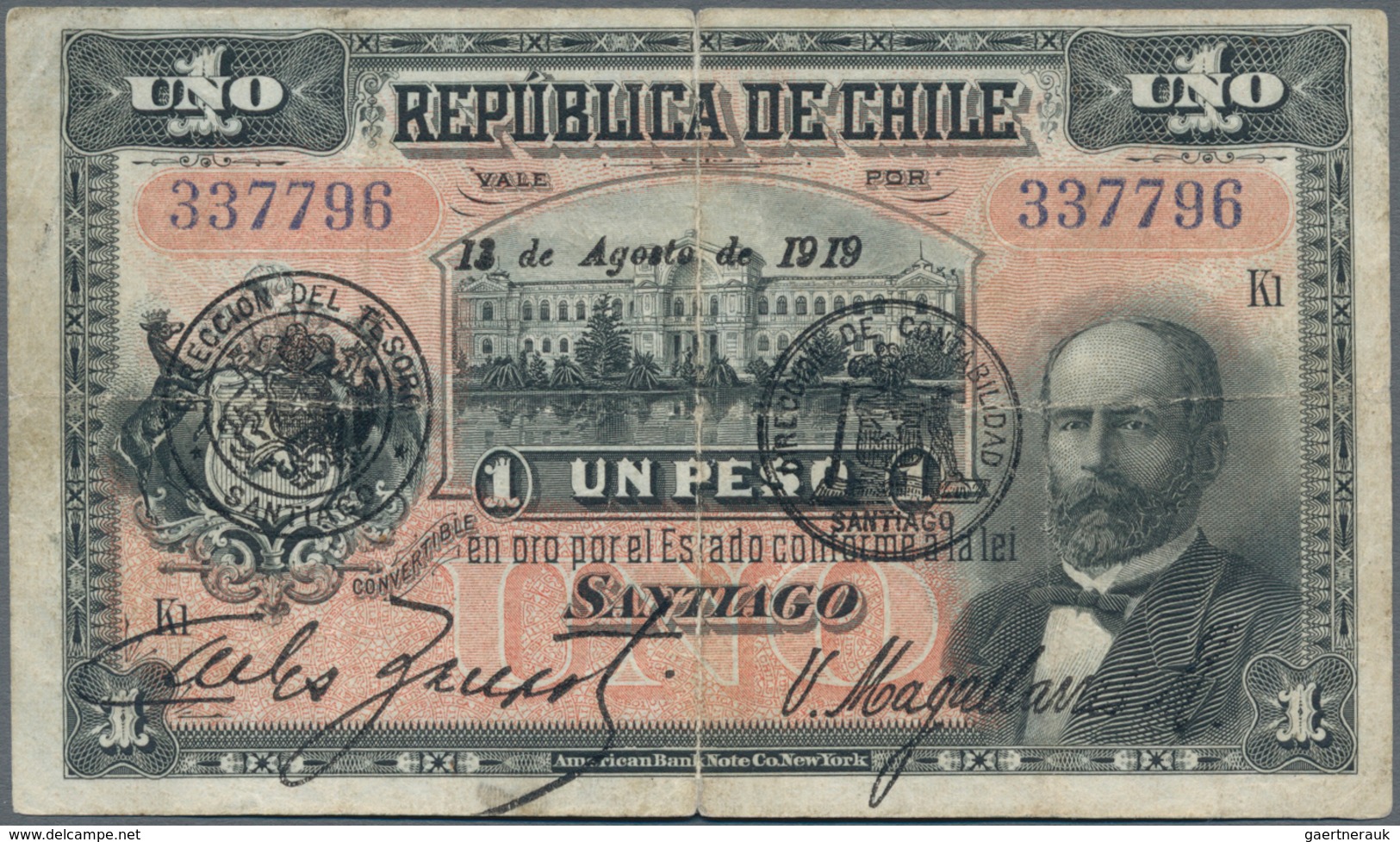 Chile: Nice Set With Republica De Chile 1 Peso 1919 P.15b (VF) And 1000 Pesos Banco Central De Chile - Chile