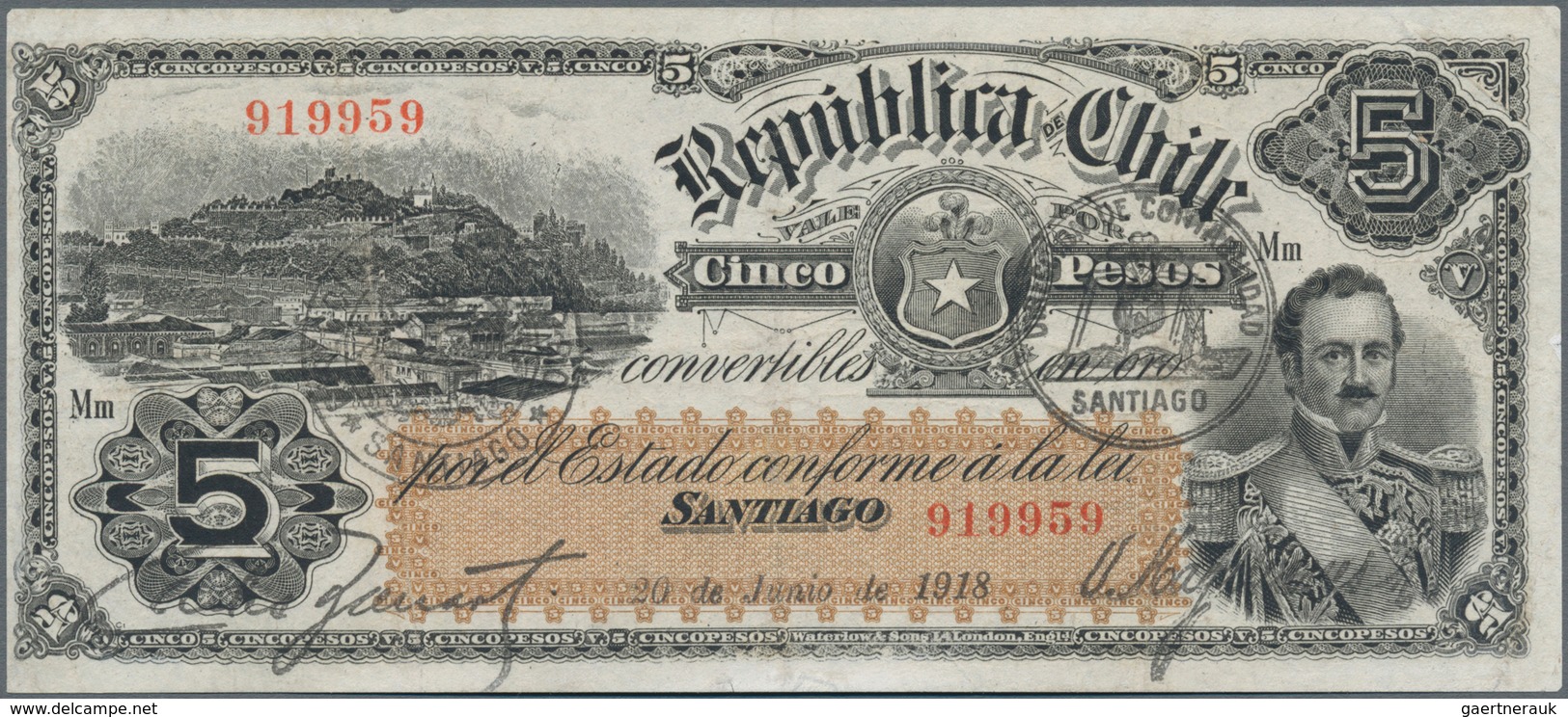 Chile: Republica De Chile 5 Pesos 1918, P.18, Great Condition With Strong Paper, Some Folds And Ligh - Chile
