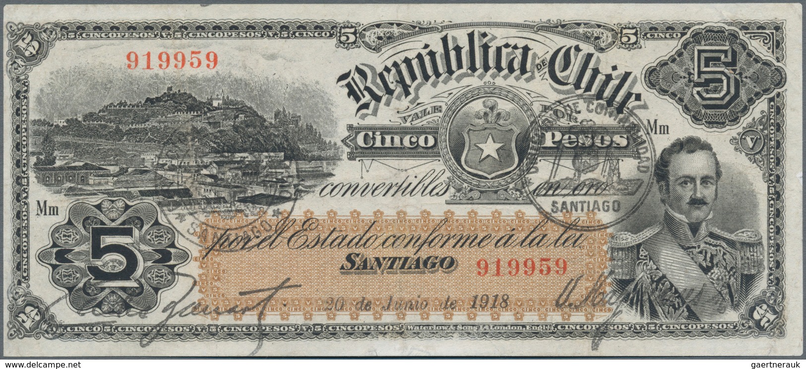 Chile: Republica De Chile 5 Pesos 1918, P.18, Great Condition With Strong Paper, Some Folds And Ligh - Chili