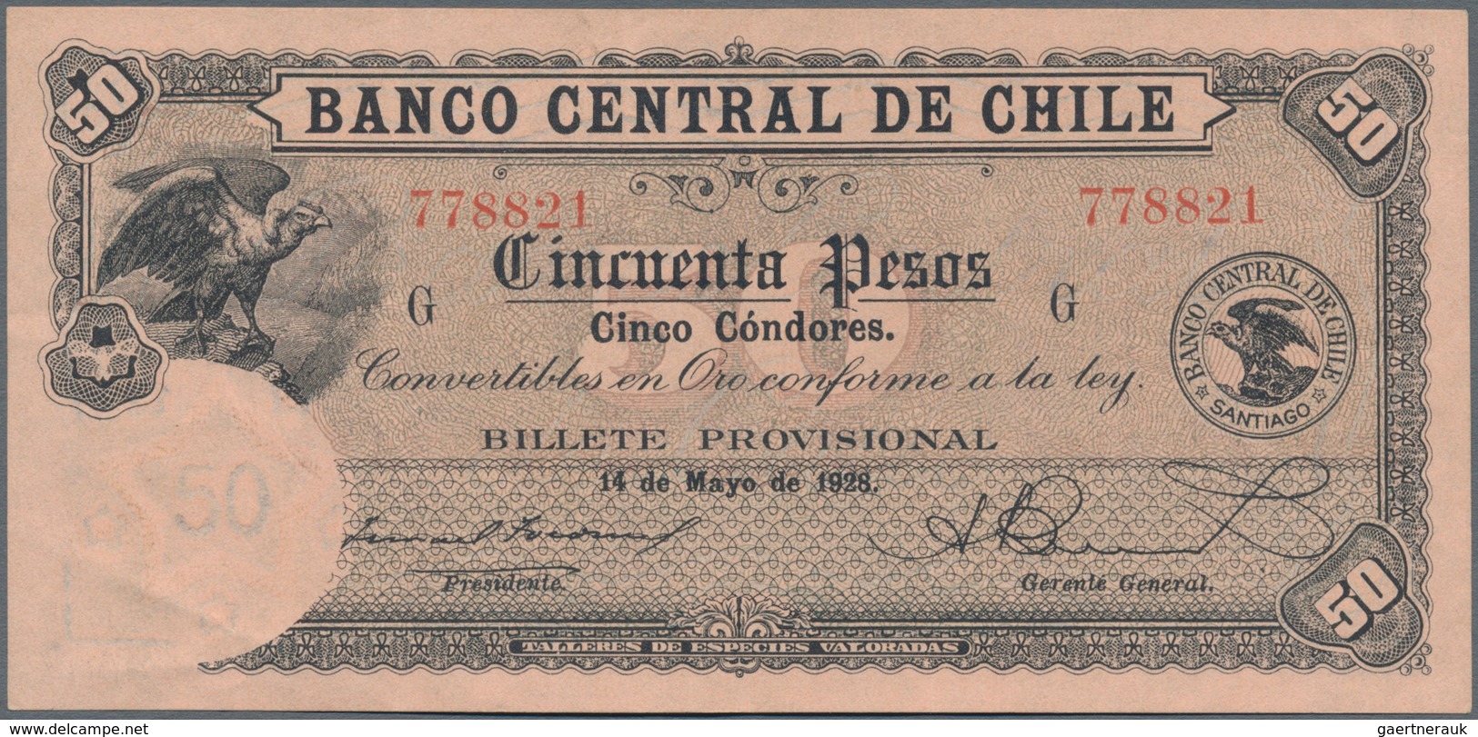 Chile: Banco Central De Chile 50 Pesos 1928, P.84b, Very Rare And Seldom Offered Note In Excellent C - Chile