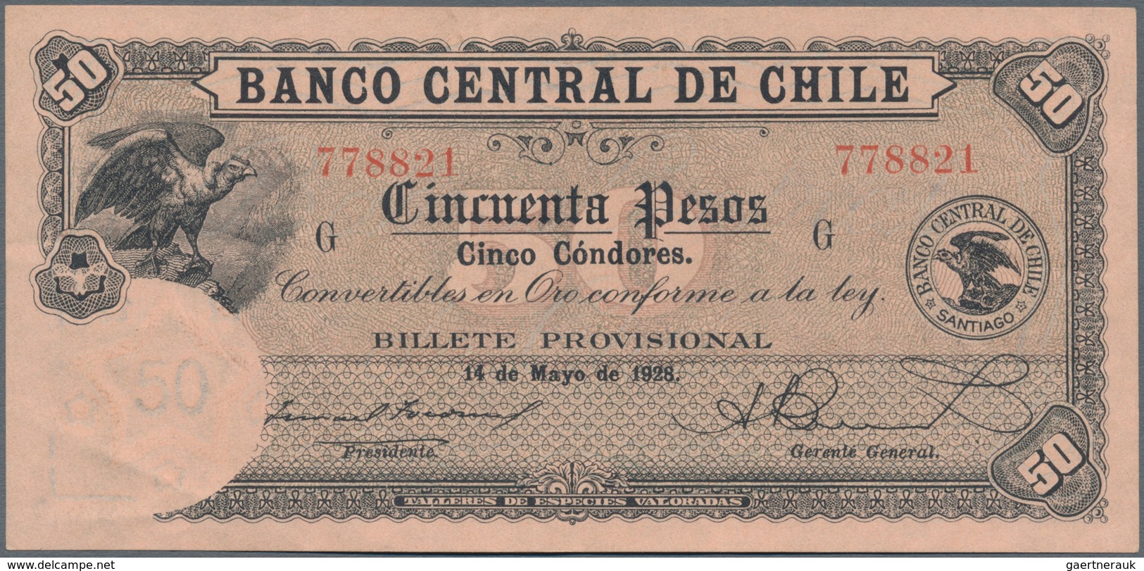 Chile: Banco Central De Chile 50 Pesos 1928, P.84b, Very Rare And Seldom Offered Note In Excellent C - Chili